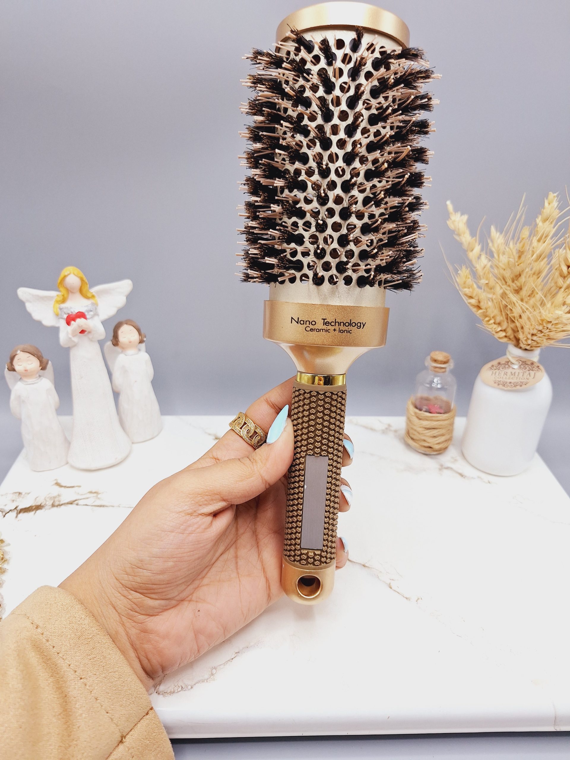 برس مو کلاسیک پیچی مدل گرد نانو سرامیکی رنگ رزگلد