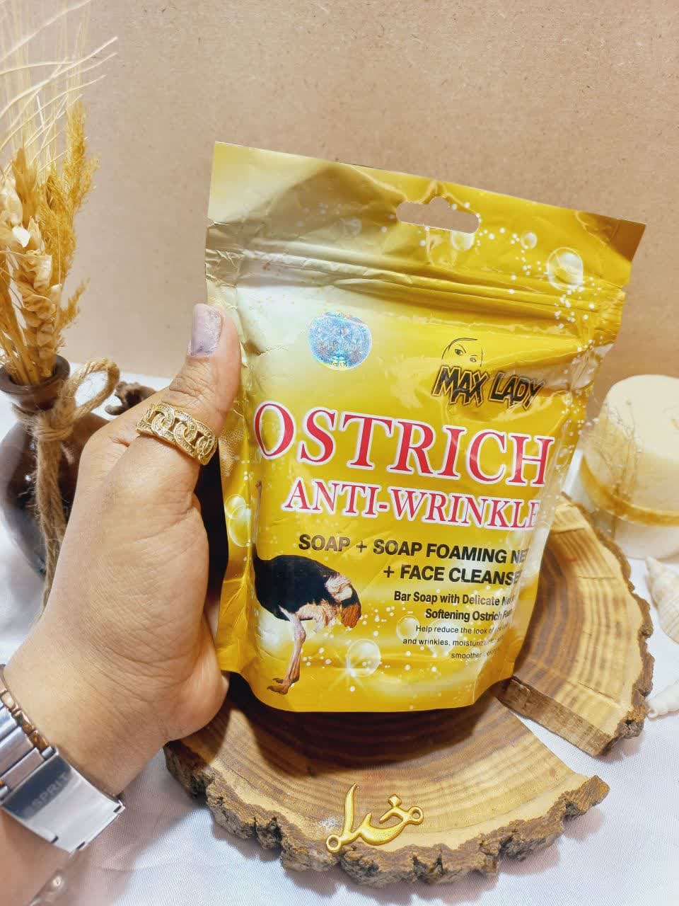 پک سه تایی صابون شترمرغ OSTRICH و ژل شستشو و لیف مکس لیدی کد MX 2318