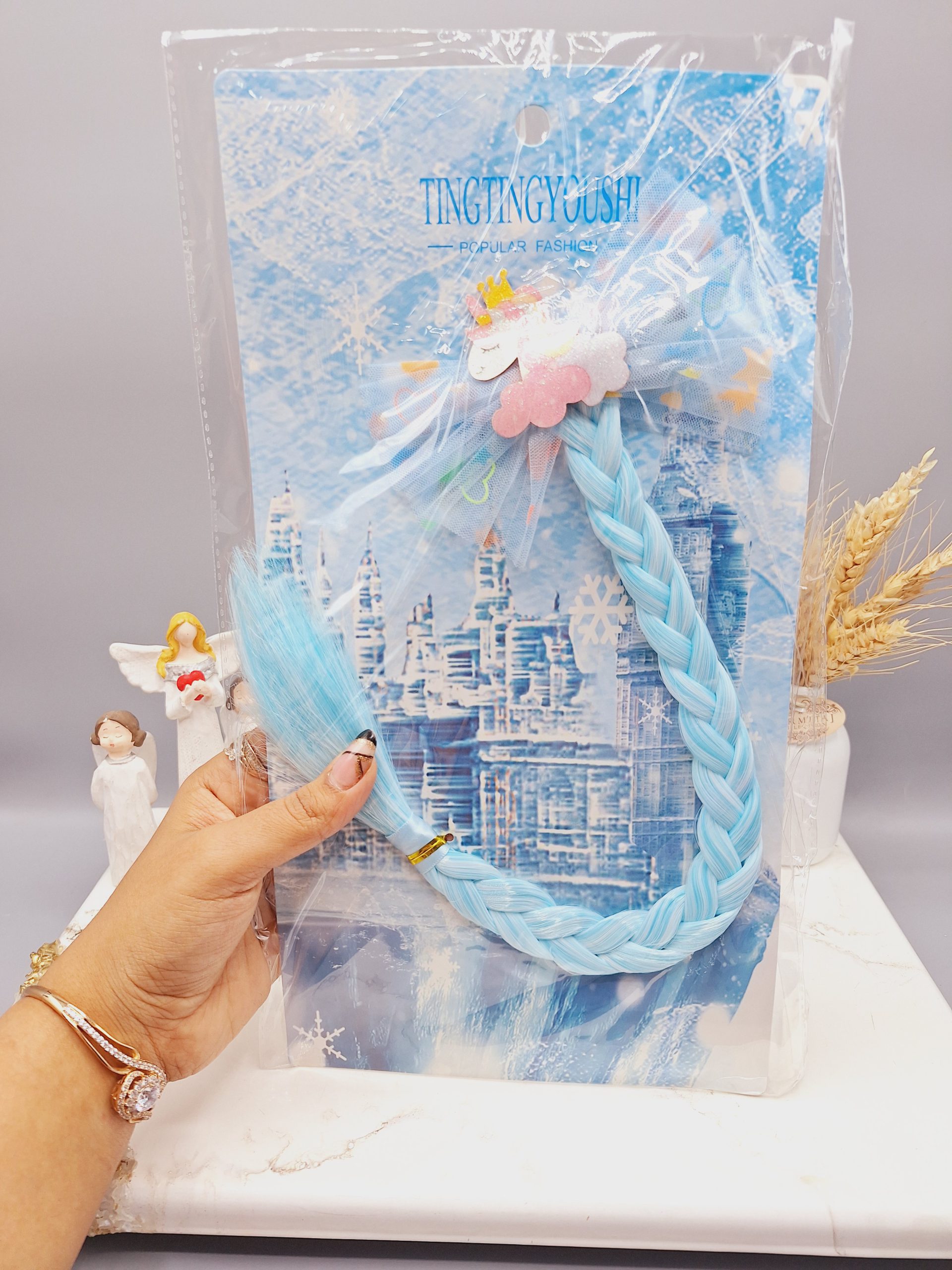 گیره موی دخترانه با موی اکستنشن آبی طرح پاپیون