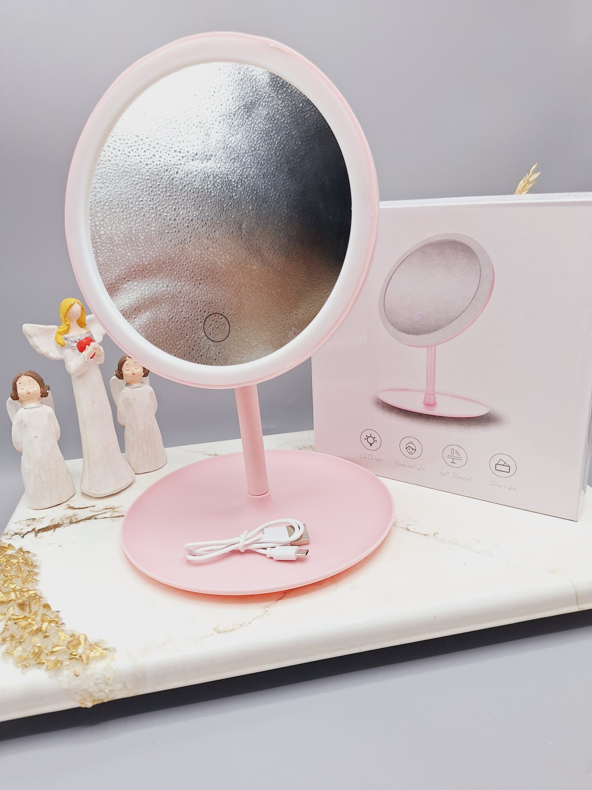 آینه رینگ لایت دار لمسی بسیار پرطرفدار مدل دایره ای زیبا( رنگ صورتی )