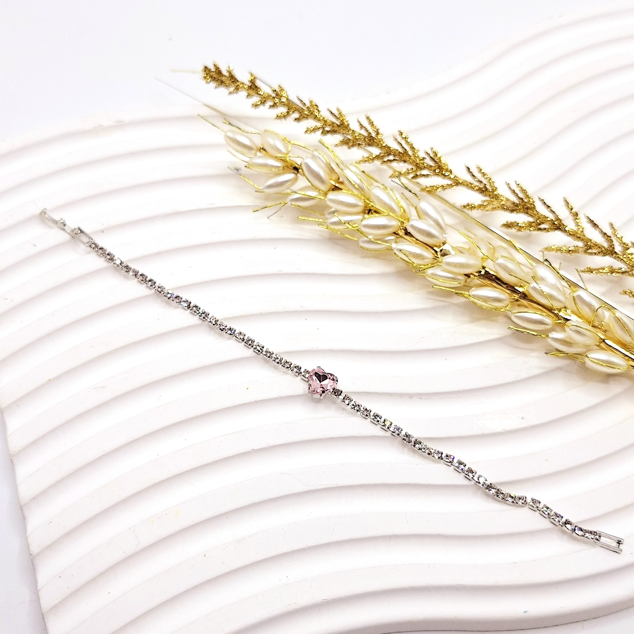 دستبند جواهری قلب صورتی فول نگین استیل