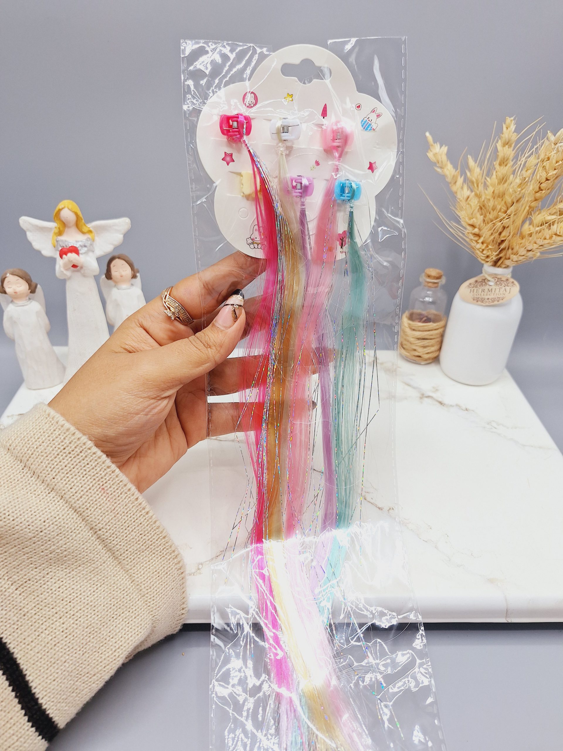 پنس موی دخترانه با موی اکستنشن رنگی ساده