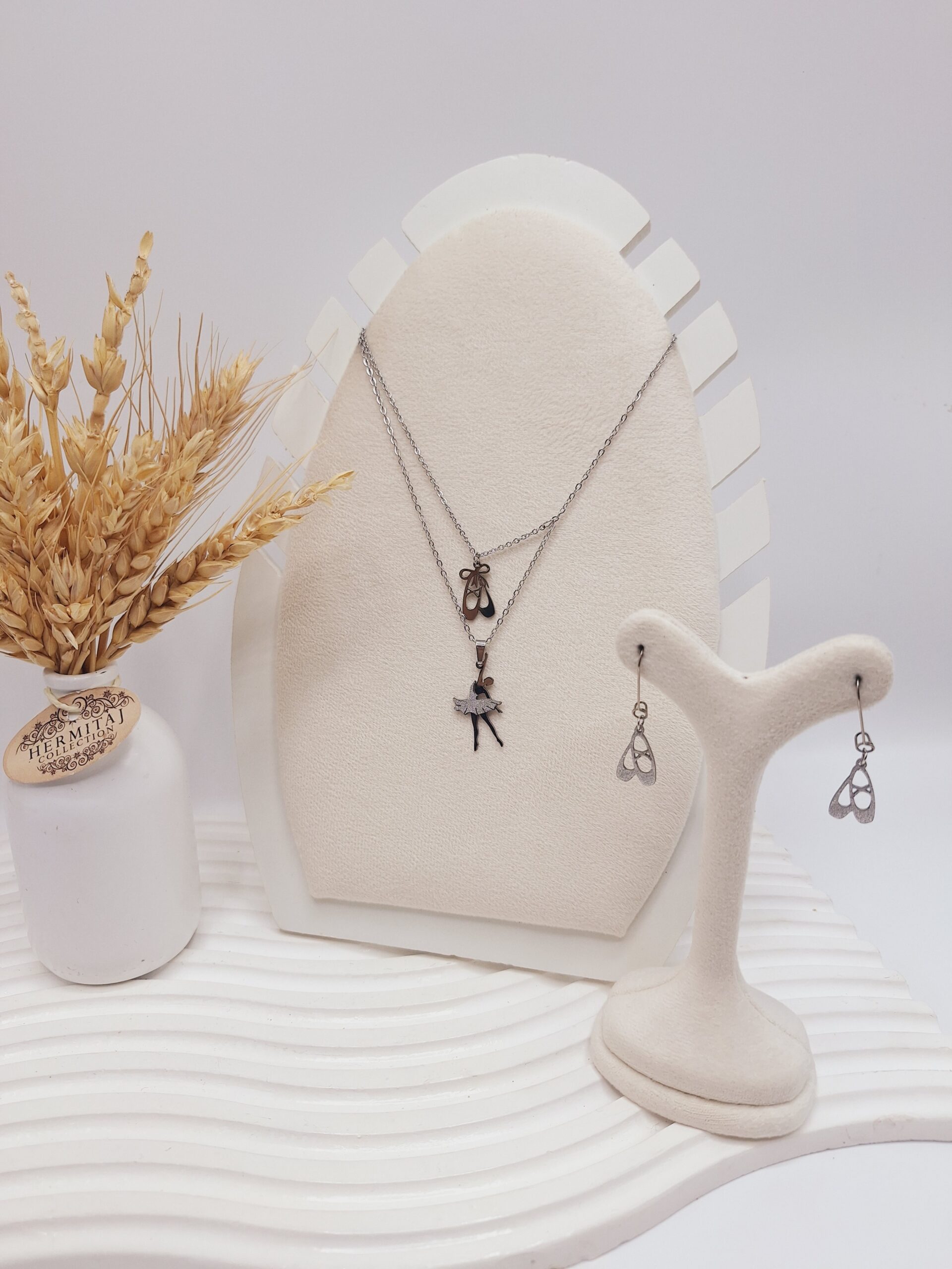 ست گوشواره و گردنبند 2 لاین طرح بالرین نقره ای استیل