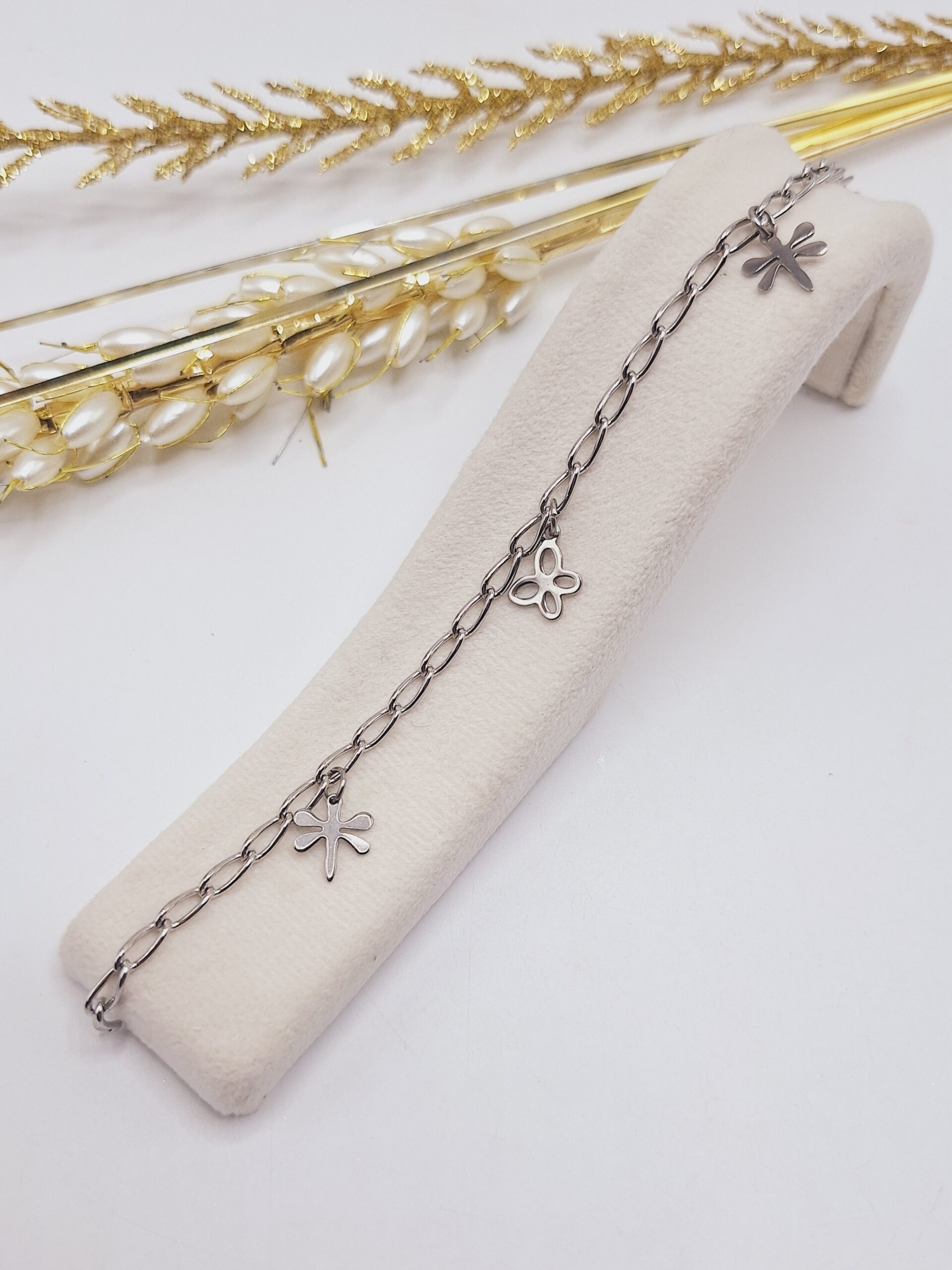 دستبند زنجیری طرح گلبرگ و پروانه استیل