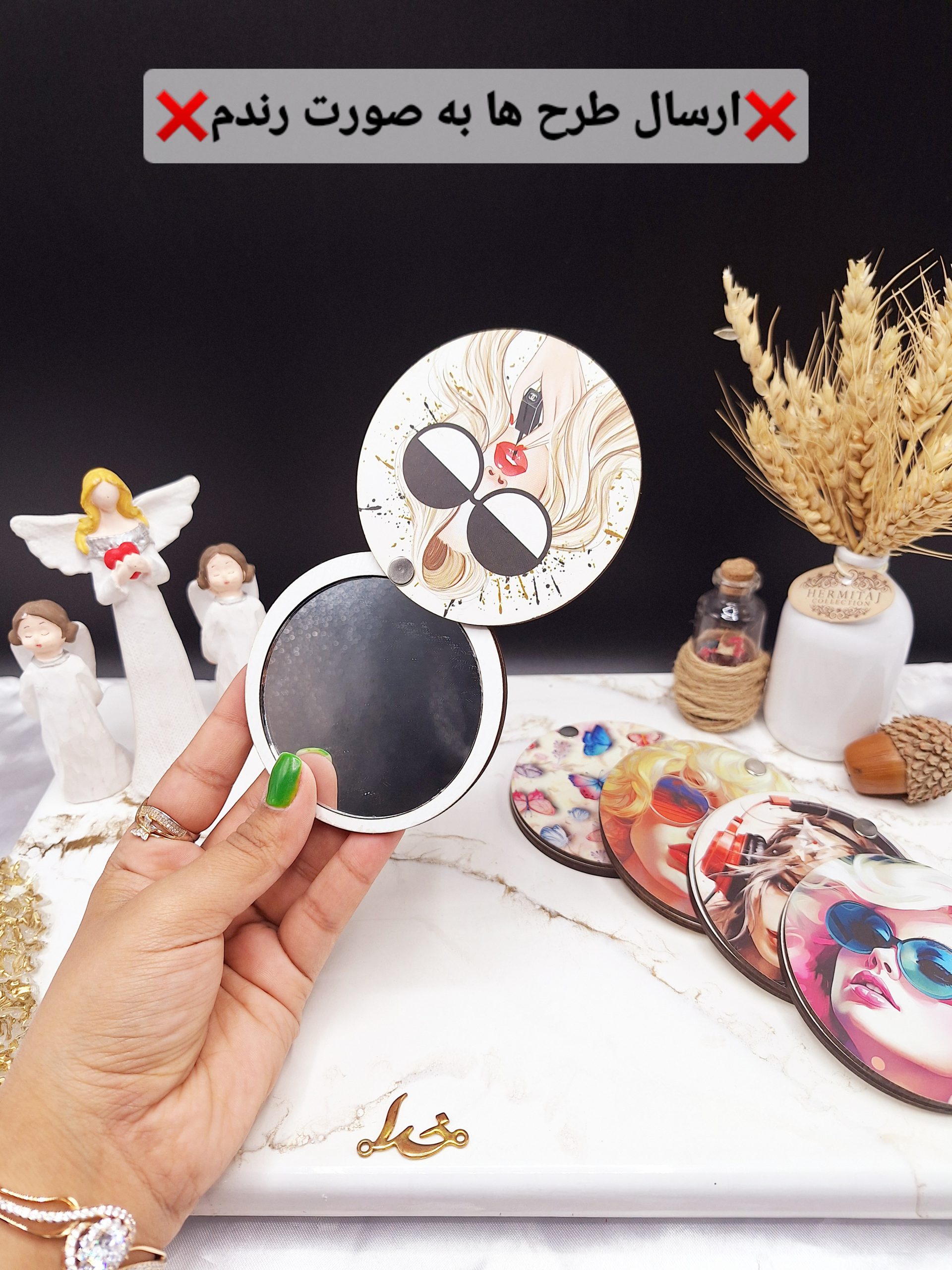 آینه چوبی دایره ای مدل دخترانه طرح سوم