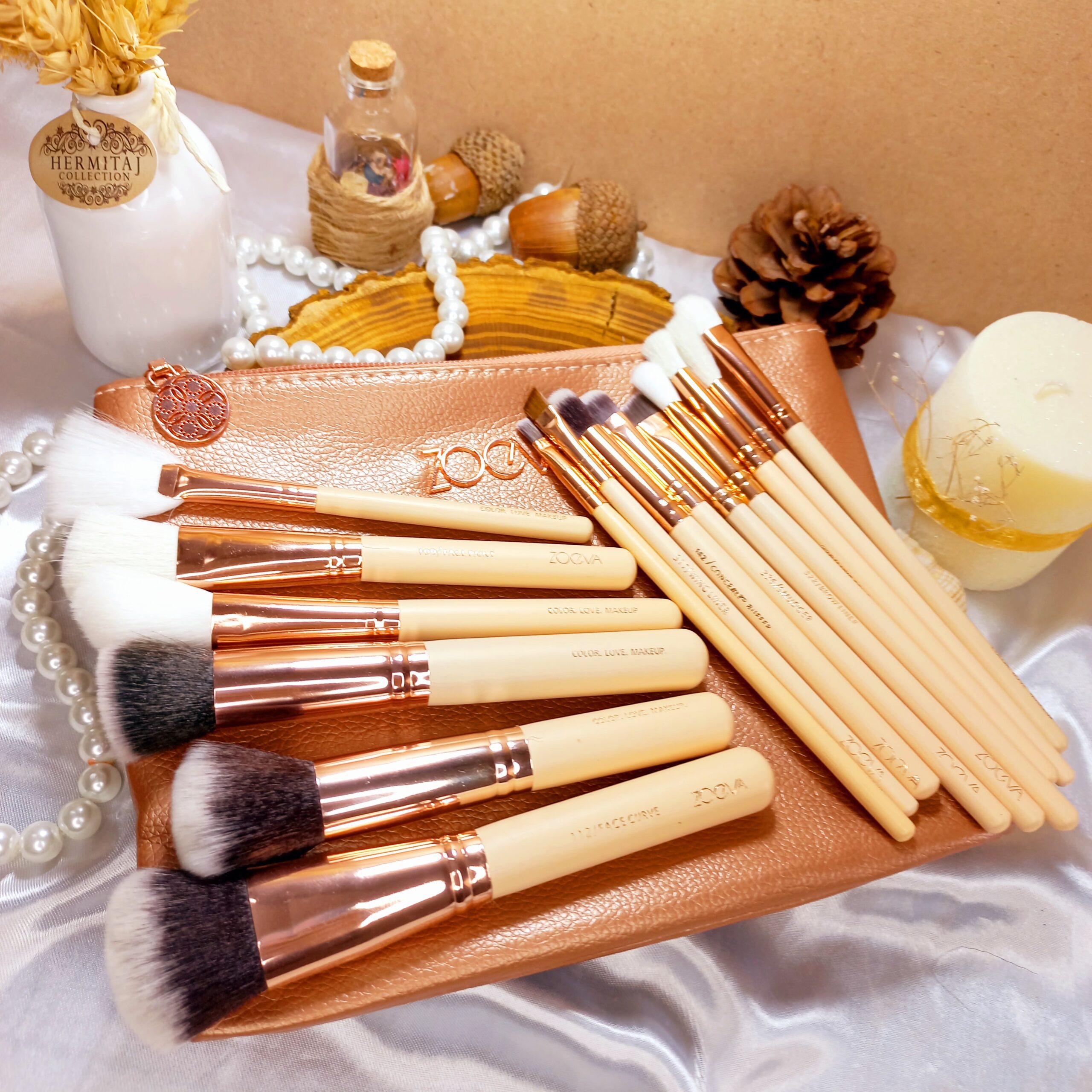 ست براش قهوه ای اصل 15 عددی لاکچری زووا با کیف چرمی ZOEVA