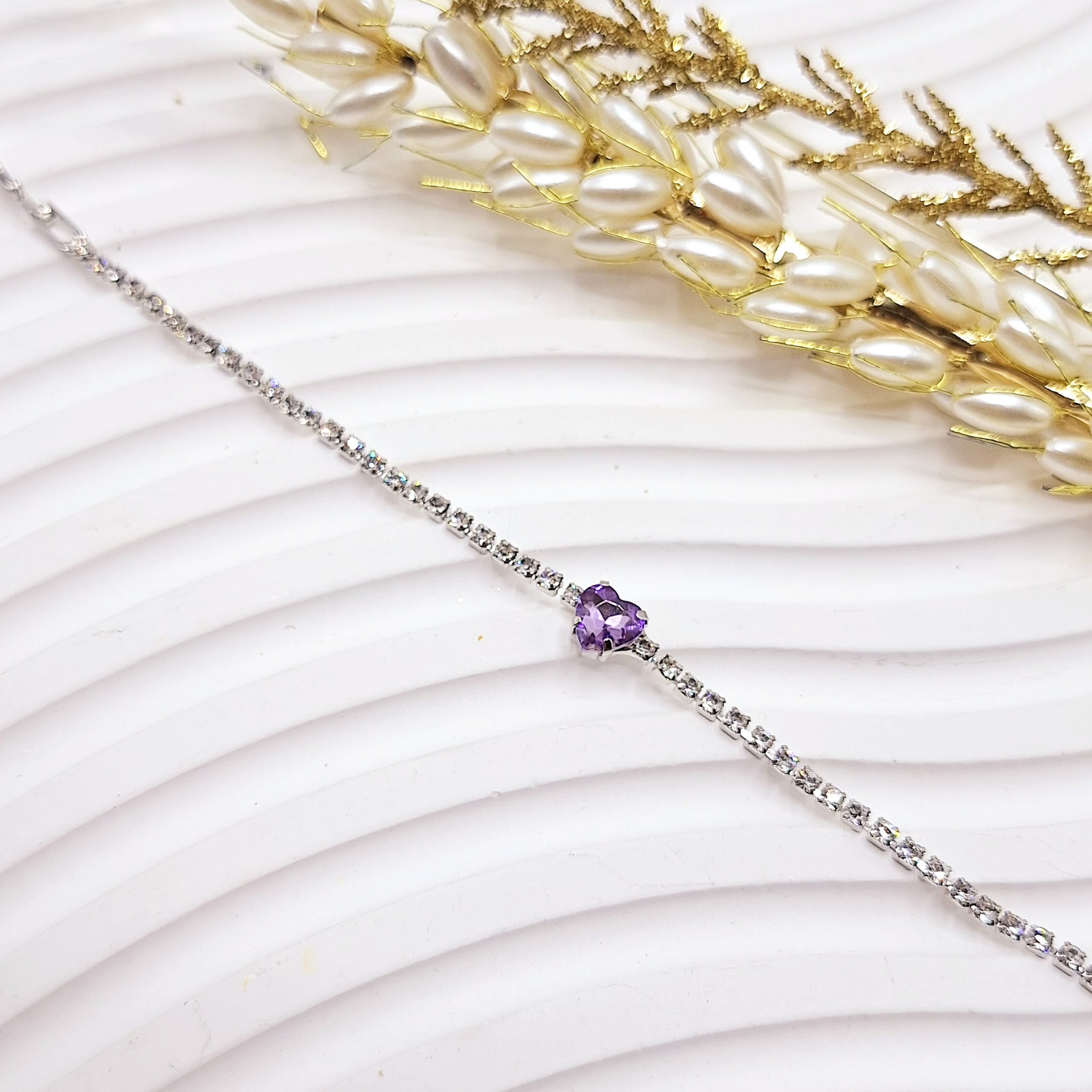 دستبند جواهری قلب بنفش فول نگین استیل