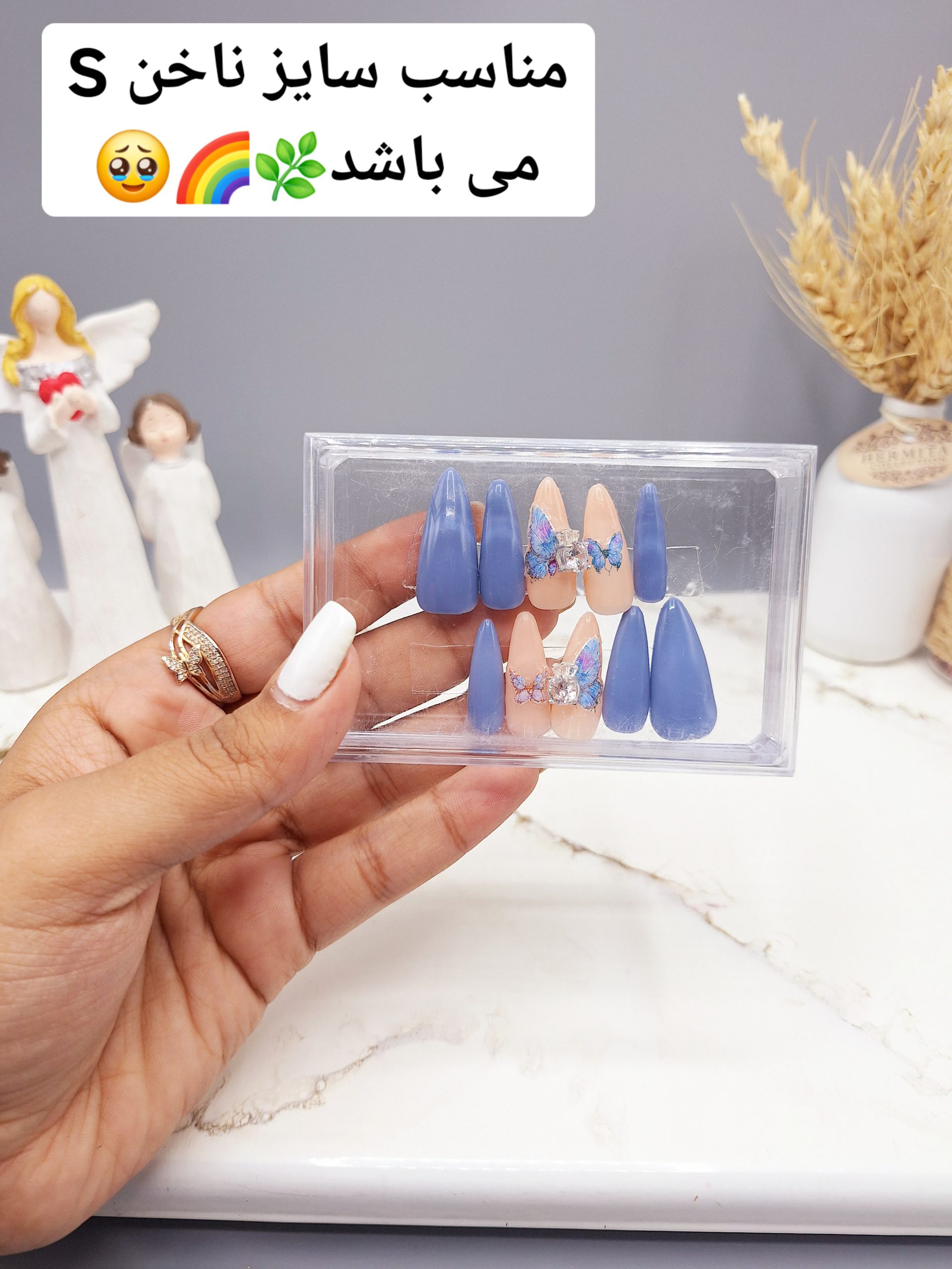 ناخن مصنوعی با مواد کاشت درجه ۱ طرح پروانه کرم و سورمه ای(به همراه پک اختصاصی)