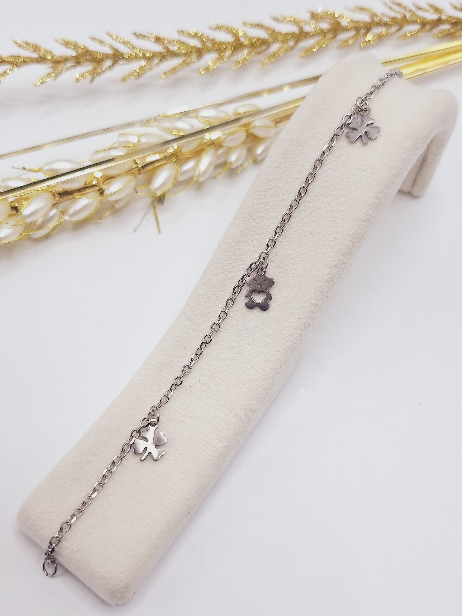 دستبند زنجیری طرح گلبرگ و خرس استیل