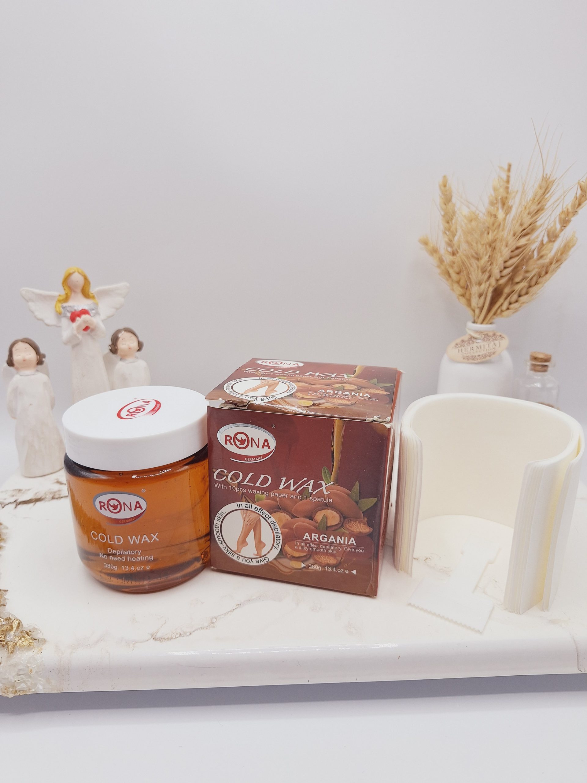 موم سرد با کاغذ اپیلاسیون همراه با کاردک رایحه روغن آرگان برند RONA کد 3145