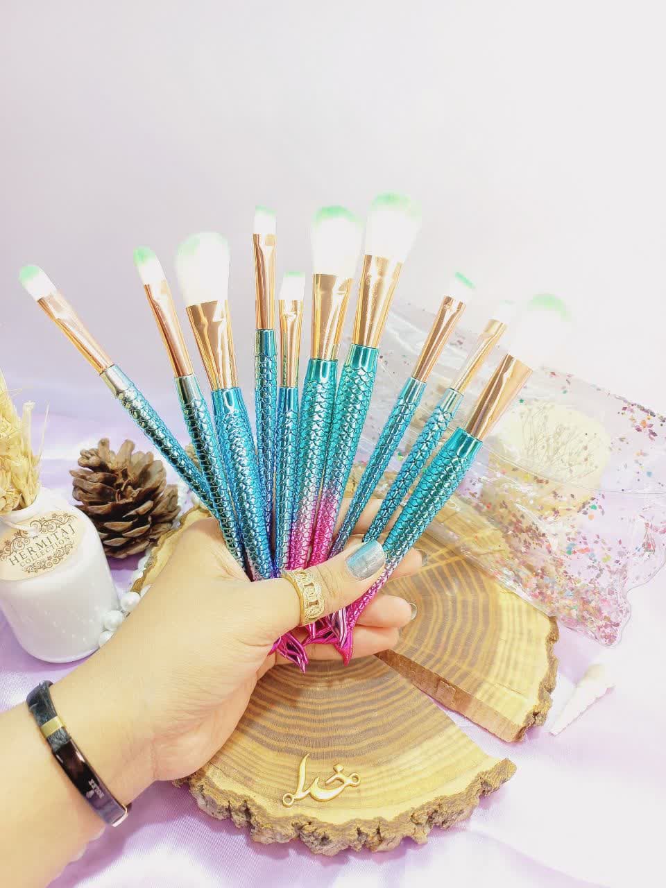 ست براش 10 تیکه کیفی پری دریایی دسته الماسی اماراتی برجسته اصلی