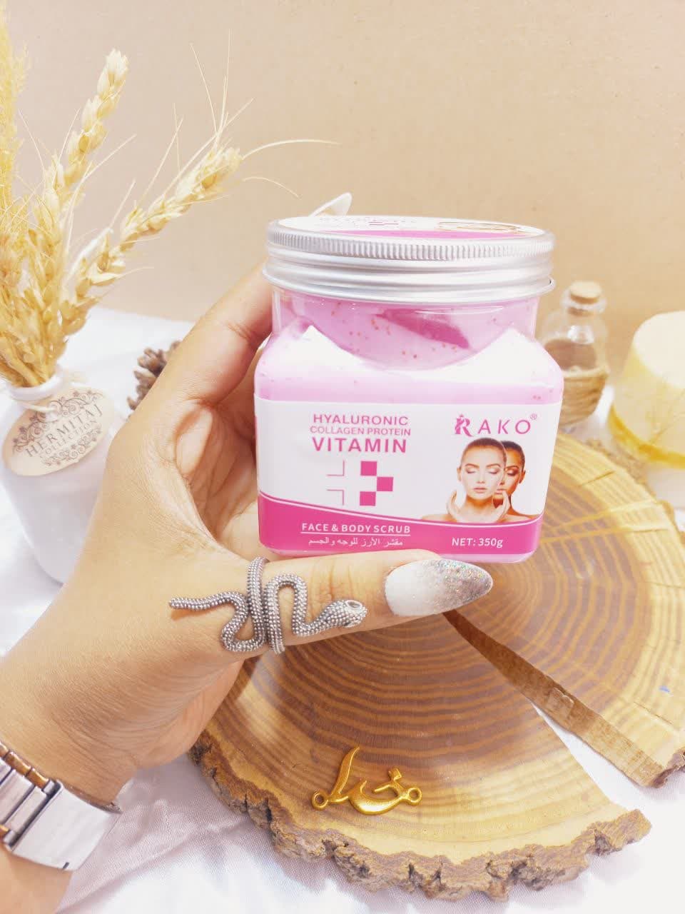 اسکراب شنی صورت و بدن رایحه هیالورونیک کلاژن و پروتئین ویتامین راکو RAKO اصلی کد RK1026