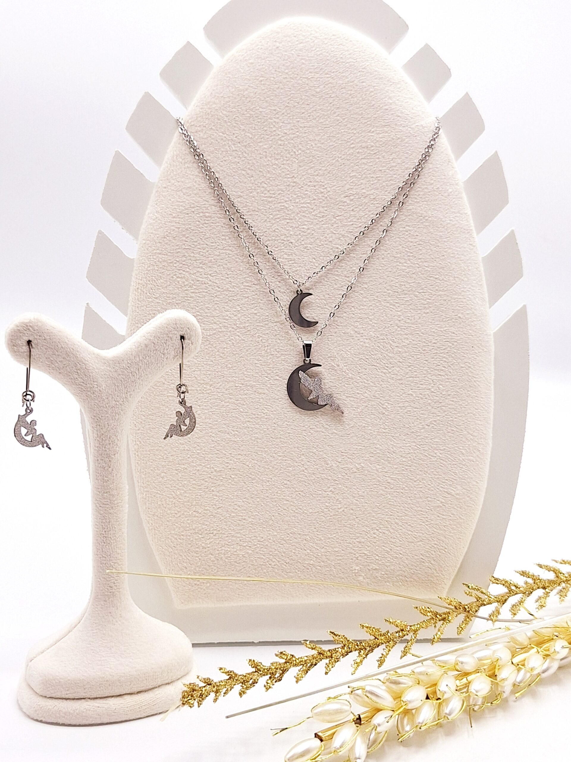 نیم ست دولاین نگین ماه و فرشته شنی استیل نقره ای