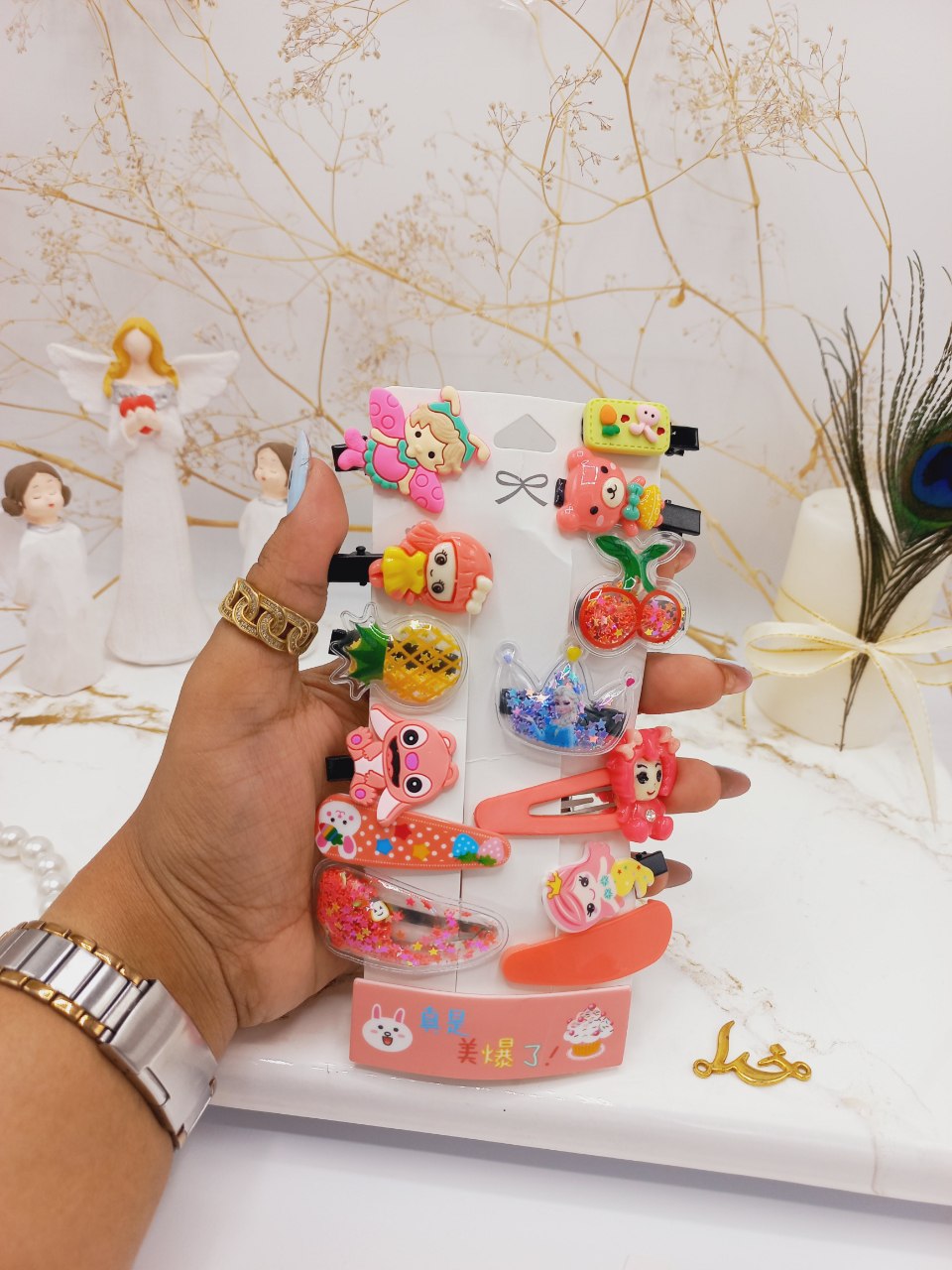 پک گیره و پنس مو دخترانه عروسکی صورتی 14 عددی