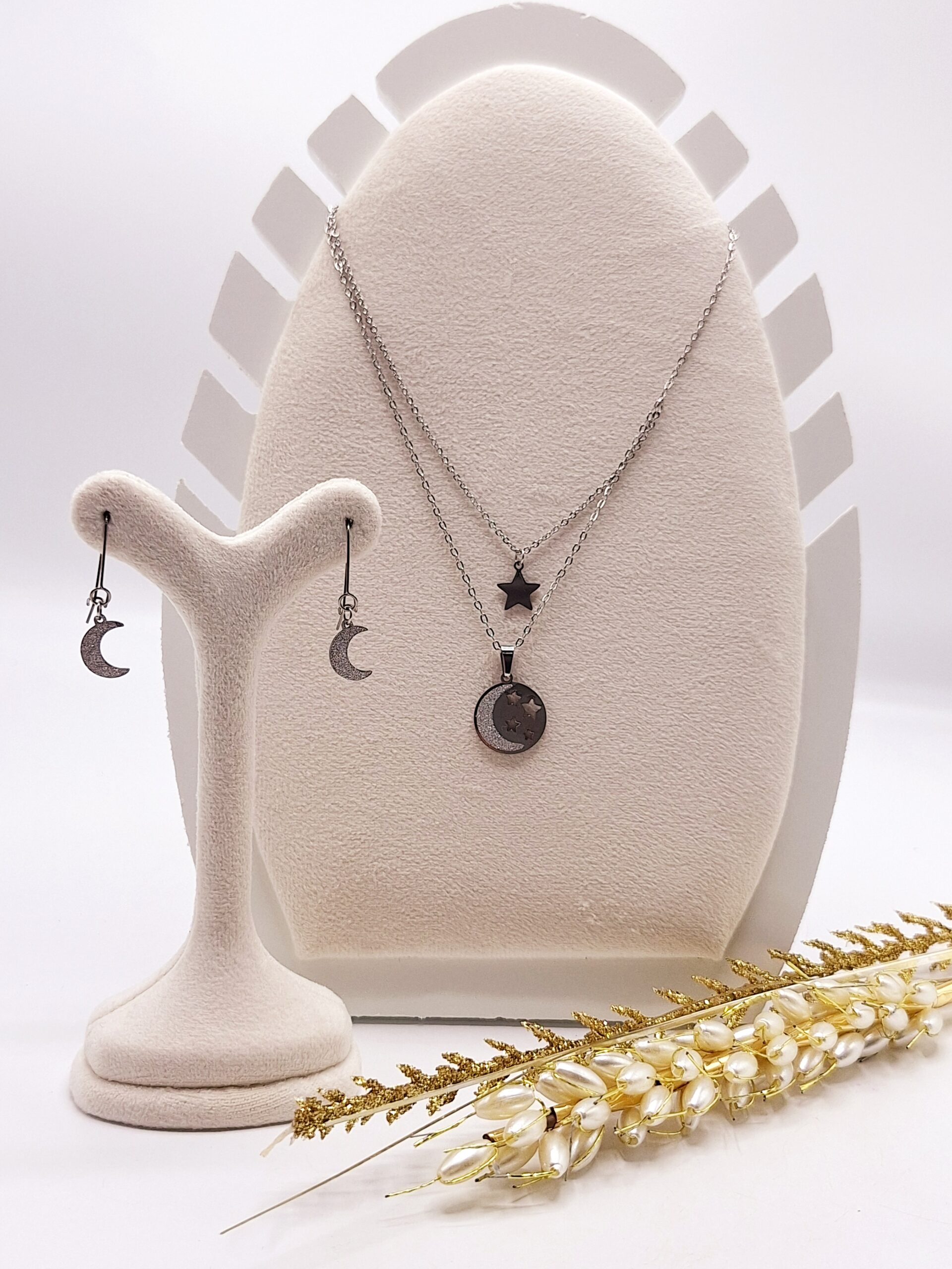 نیم ست دو لاین طرح ماه و ستاره شنی نقره ای استیل