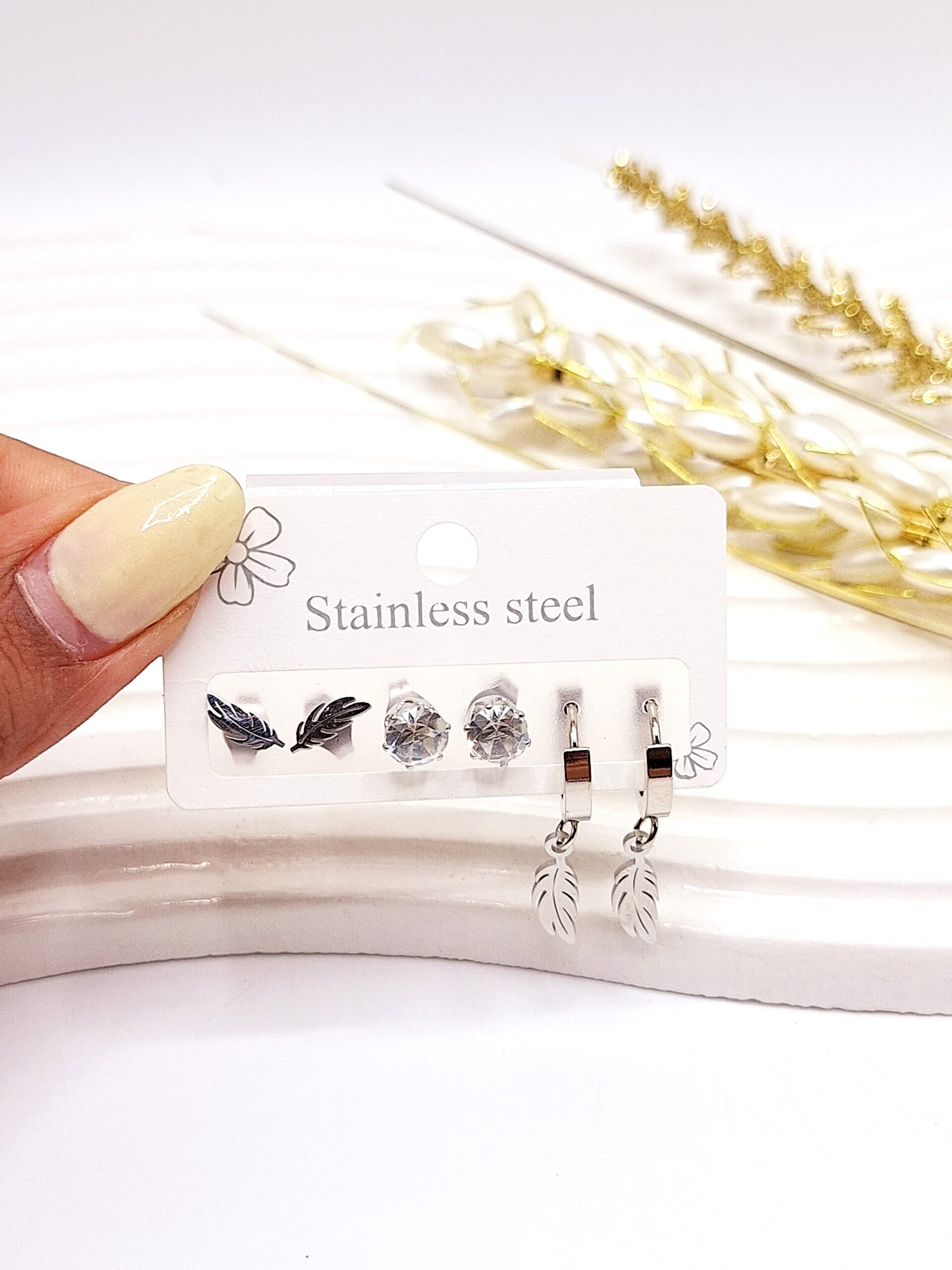 پک 3 تایی گوشواره طرح برگ استیل