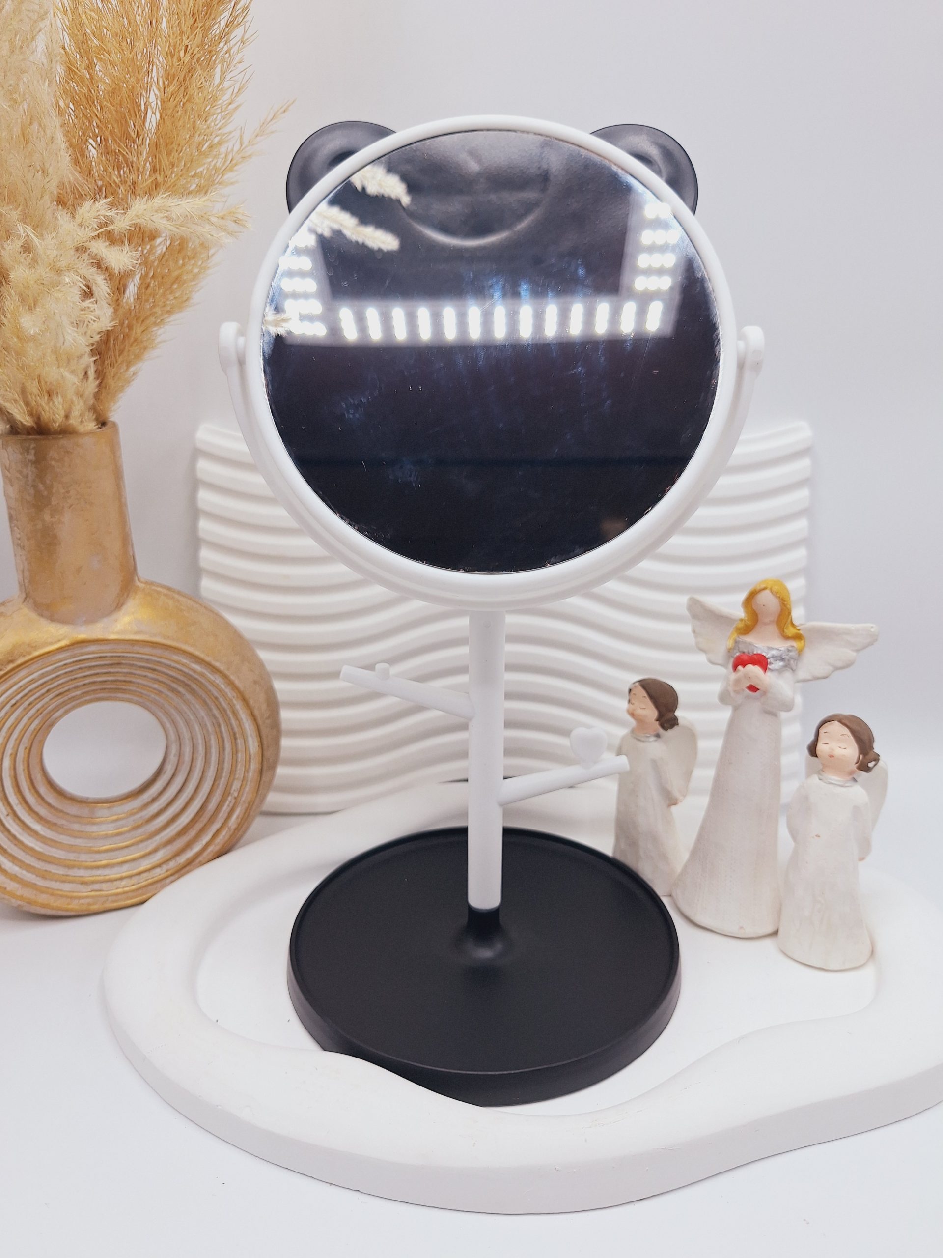 آینه گرد رومیزی مدل استندجواهرات طرح گربه رنگ مشکی