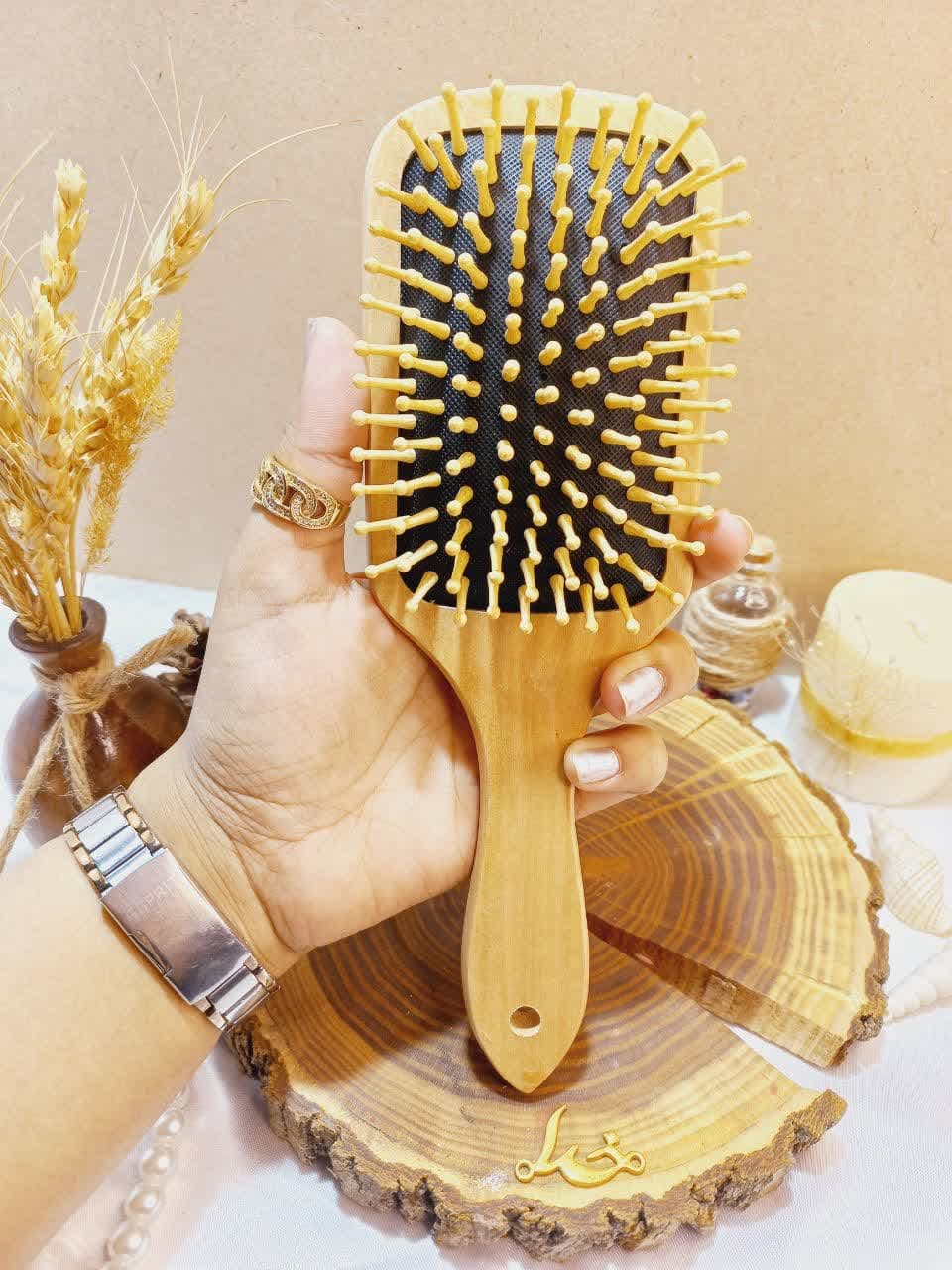 برس مو بامبو دندانه چوبی کف مشکی مربعی سایز بزرگ