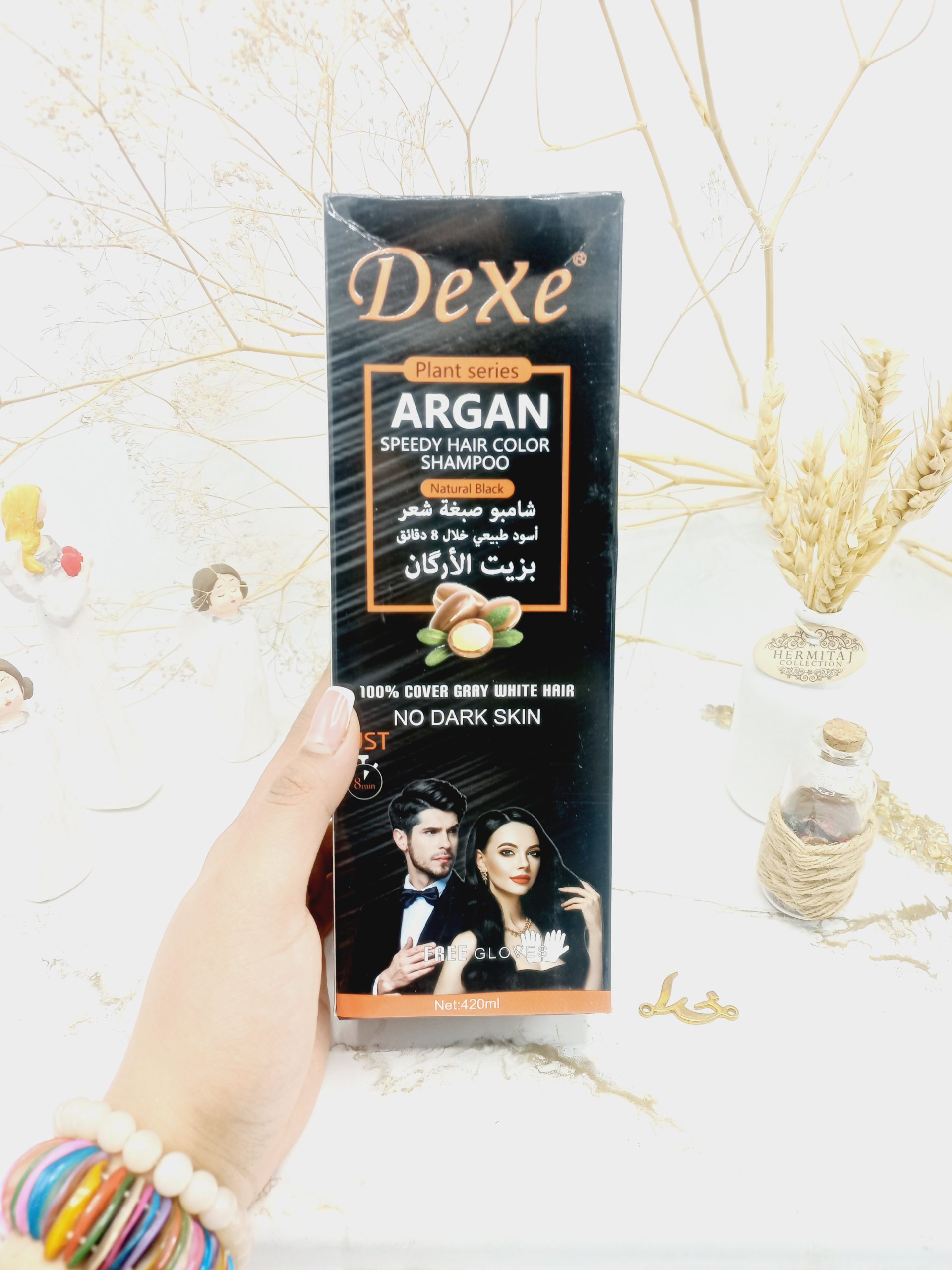 شامپو رنگ مو سیاهی طبیعی در 8 دقیقه با عصاره روغن آرگان برند دکسی DEXE