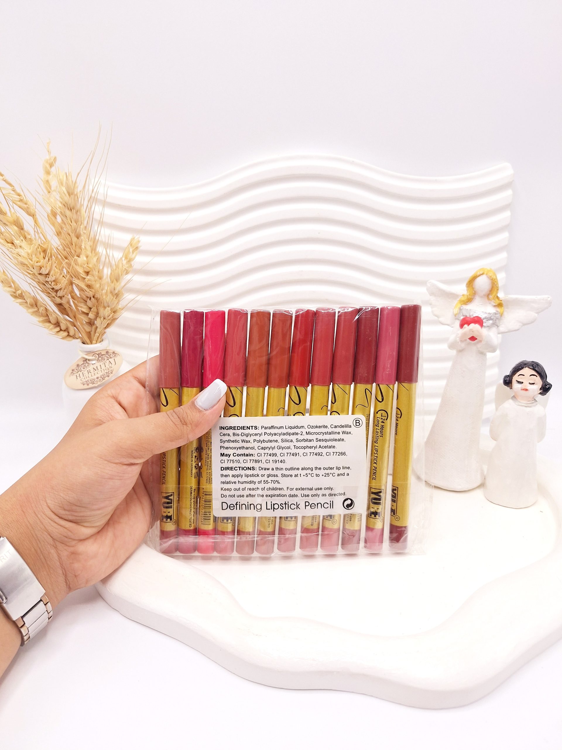 پک 12 تایی رژ مدادی برند YUBE پوکه طلایی کد B