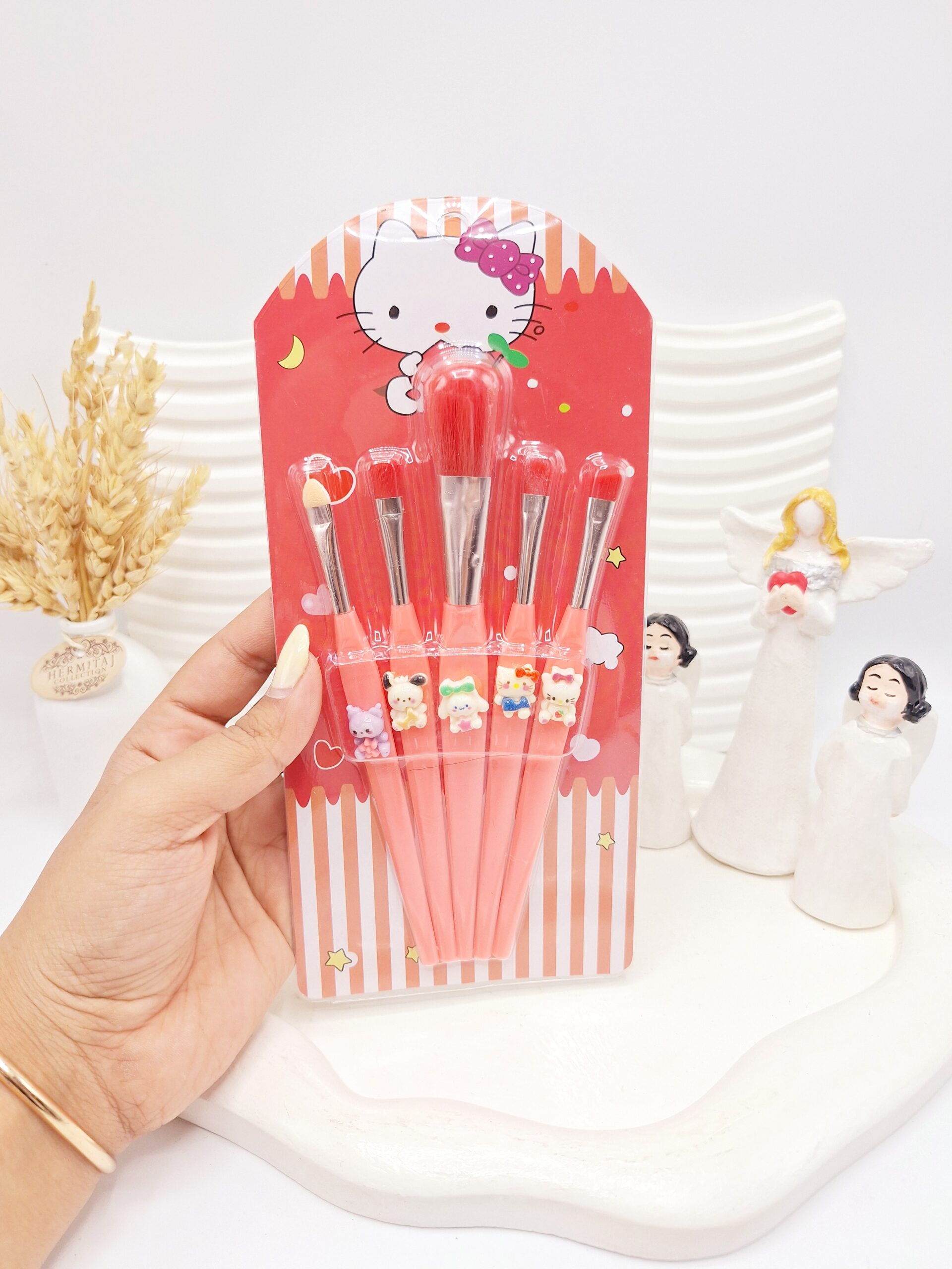 ست براش 5 تیکه کرومی مدل کیتی (رنگ سرخابی) کد 0154