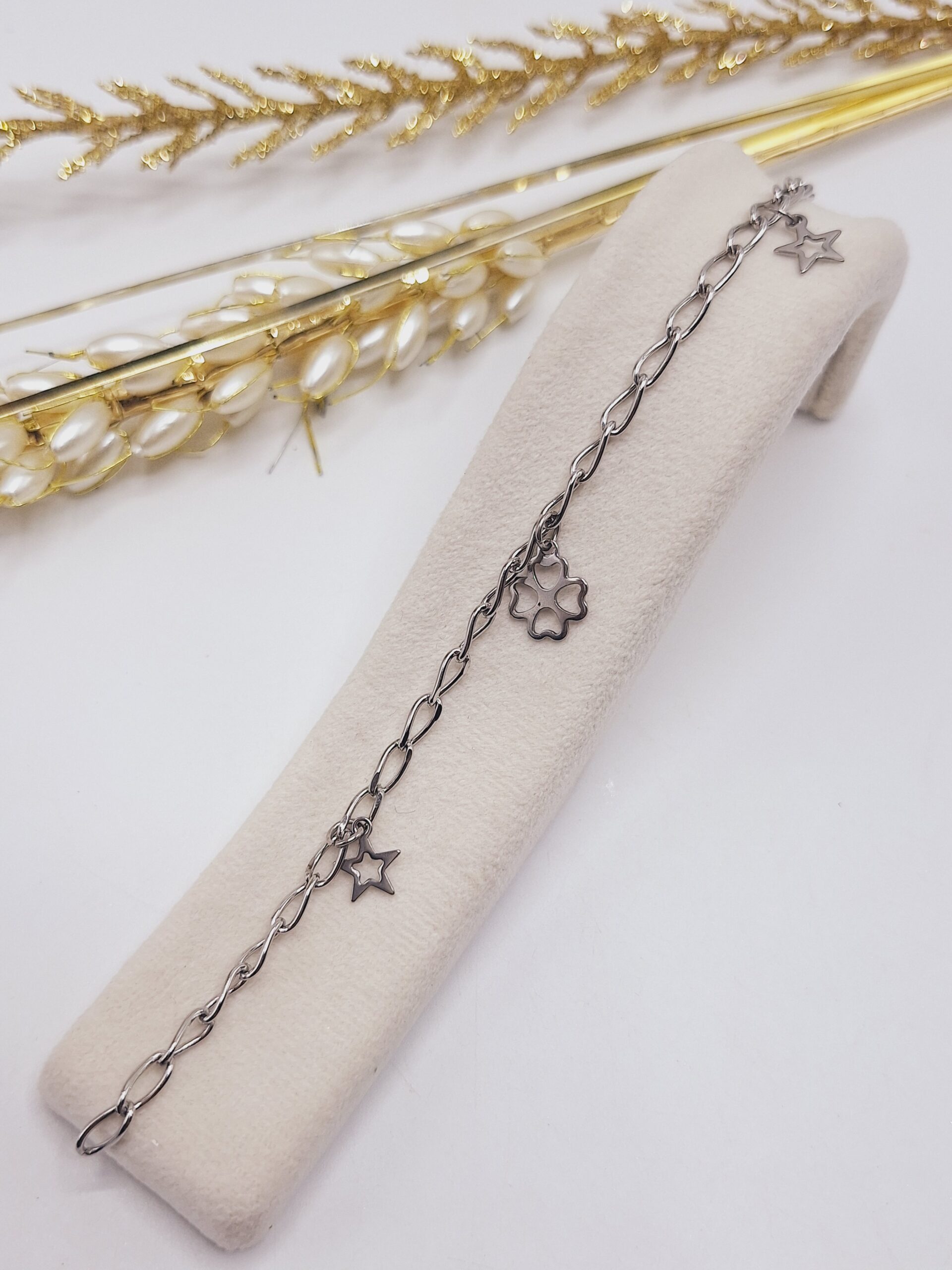 دستبند زنجیری طرح گل قلبی و ستاره استیل