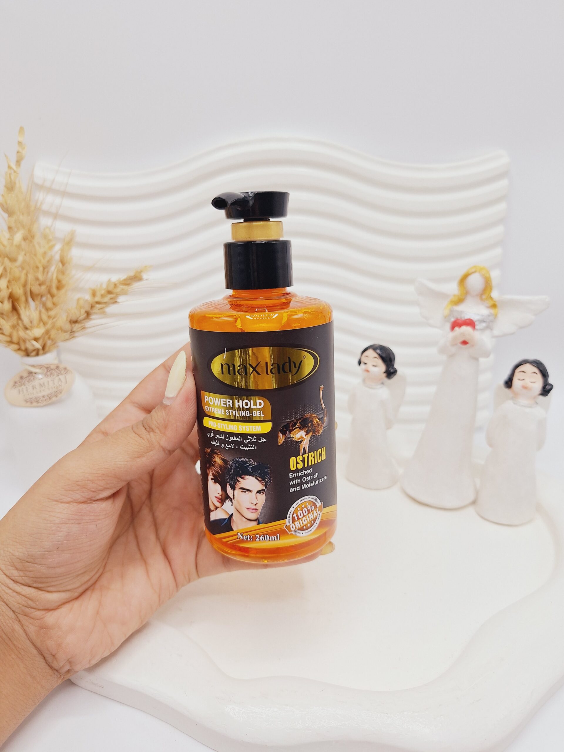 ژل مو حالت و براق کننده مو با عصاره شتر مرغ برند max lady حجم 260 میل کد 1796