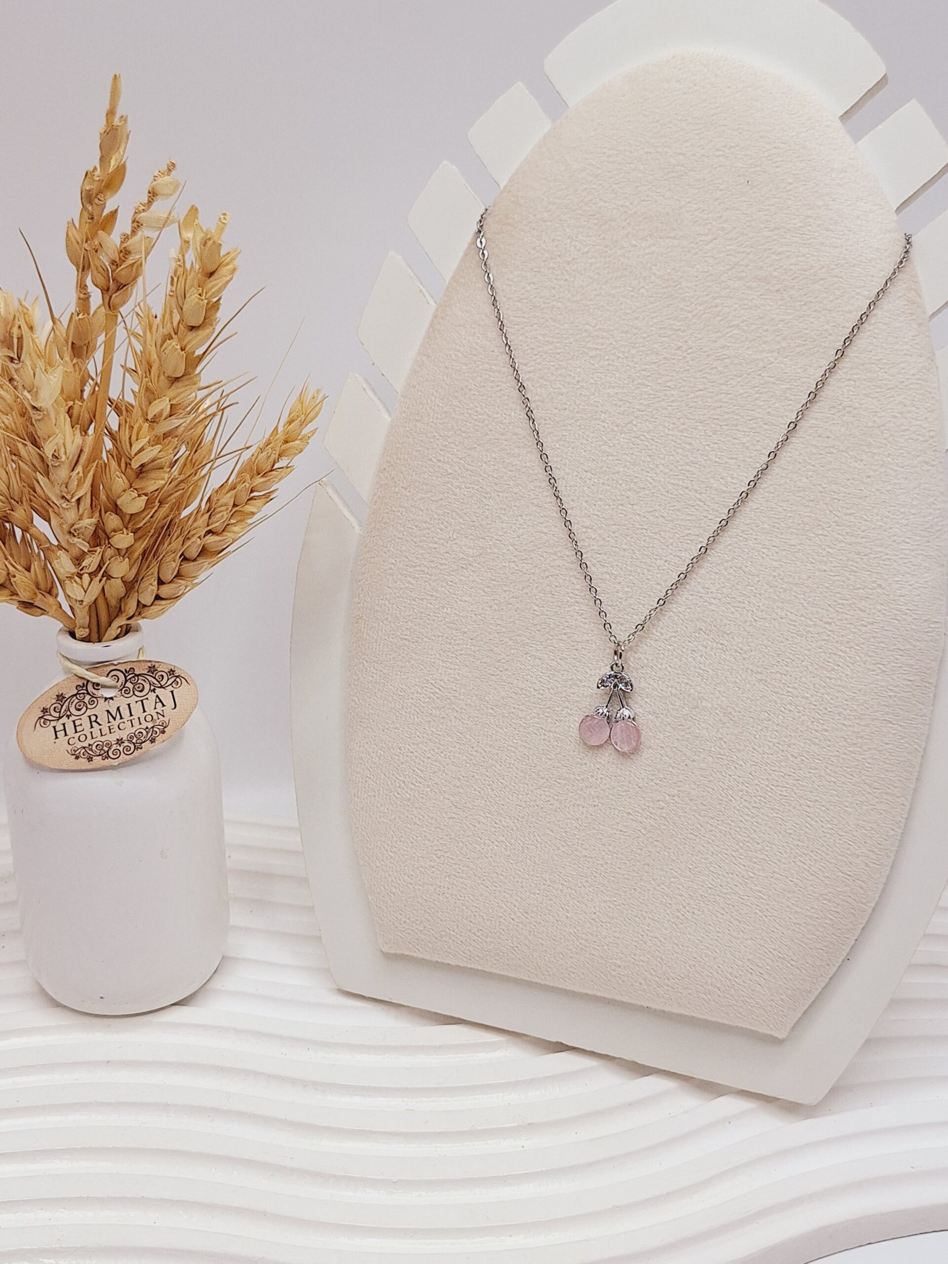 گردنبند جواهری طرح گیلاسی رنگ صورتی