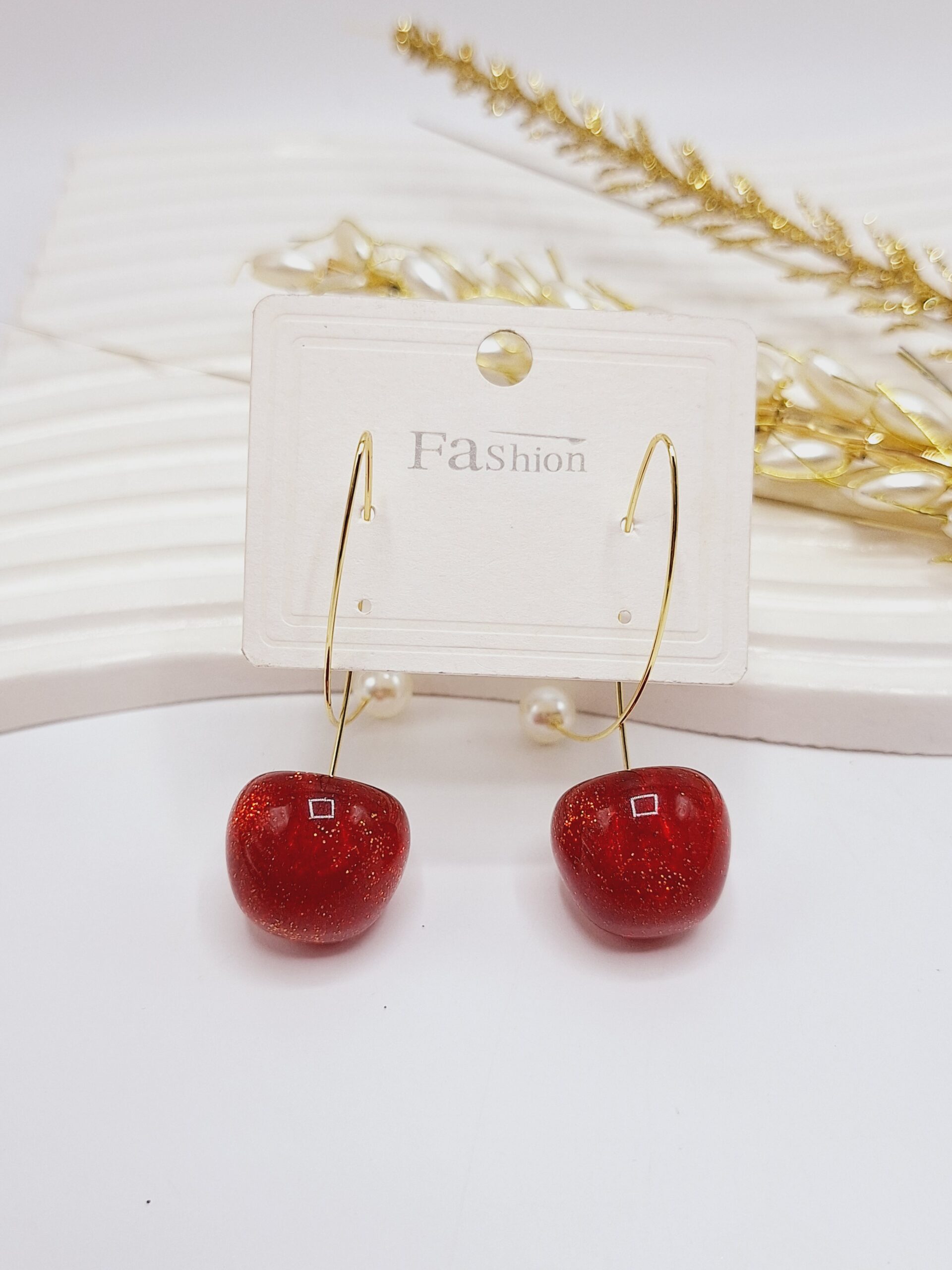 گوشواره گیلاسی آویز مرواریدی شاین دار