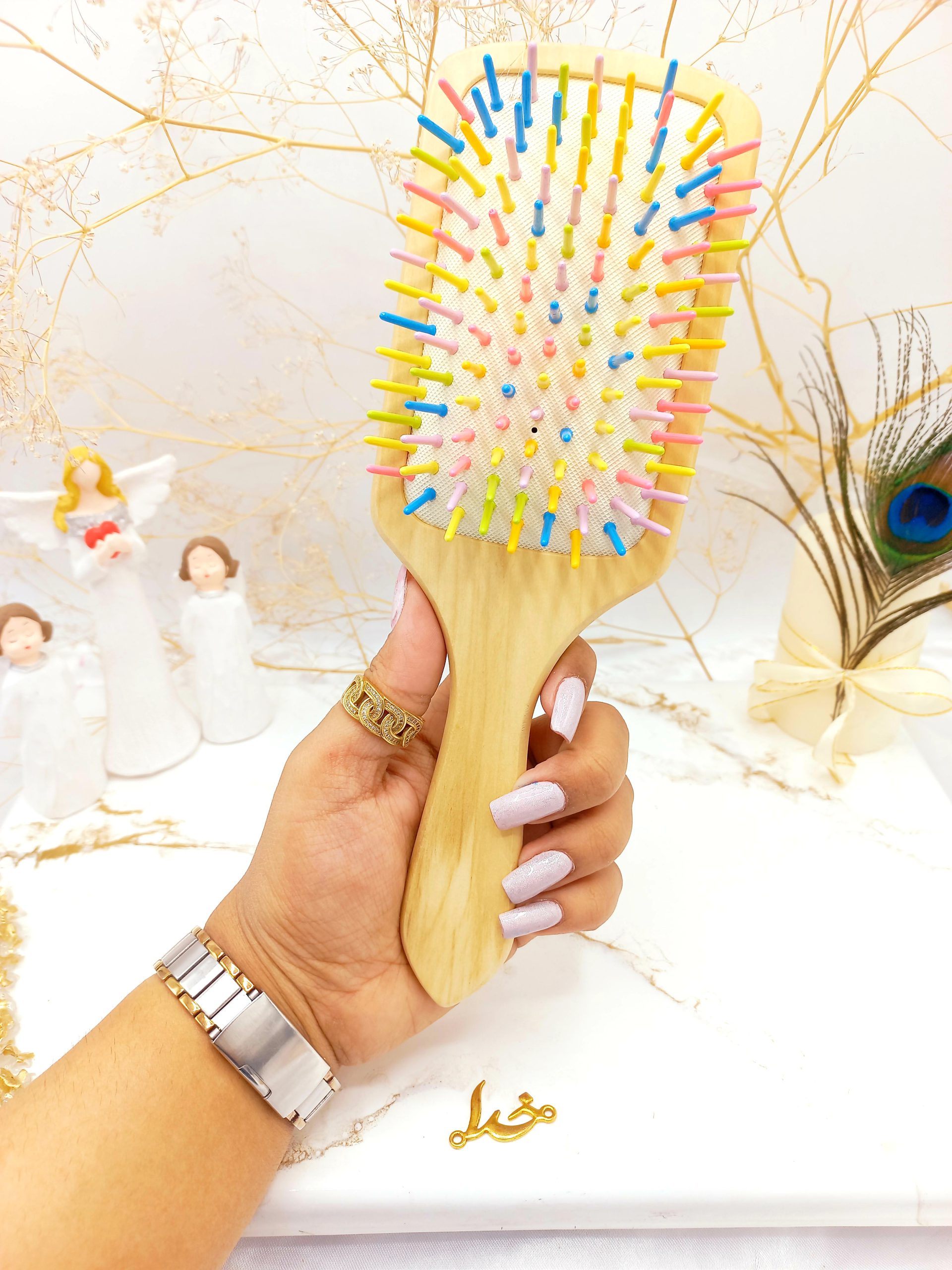 برس مو بامبو چوبی دندانه رنگی