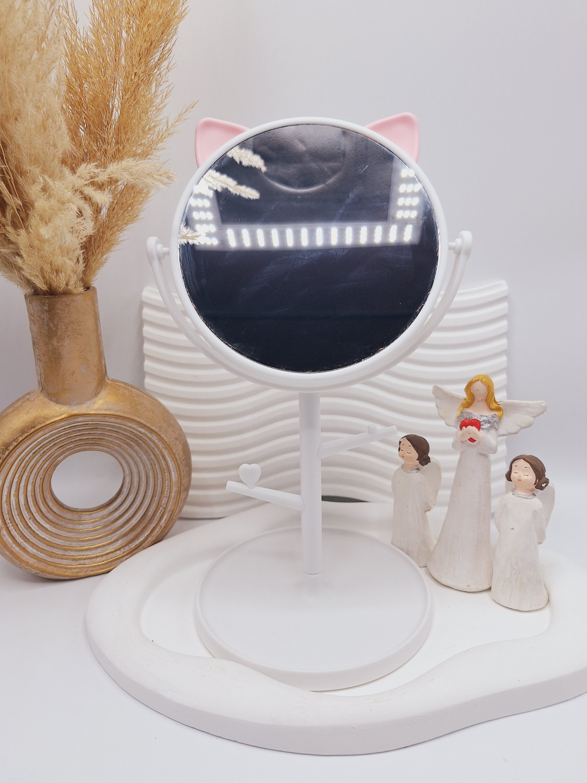 آینه گرد رومیزی مدل استند جواهرات طرح گربه رنگ سفید