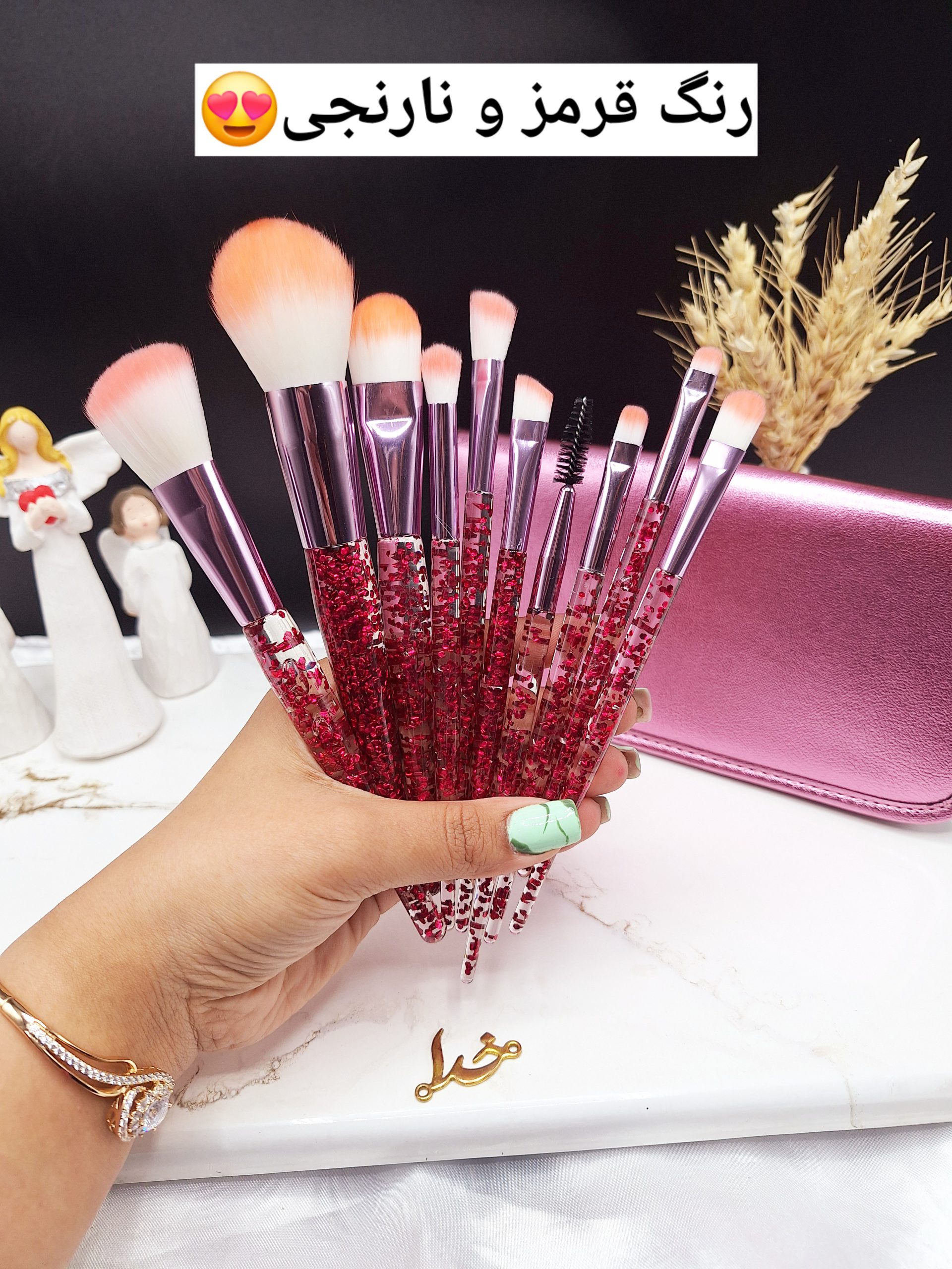 ست براش 10 تیکه حرفه ای میکاپ دسته شاین دار همراه کیف چرمی