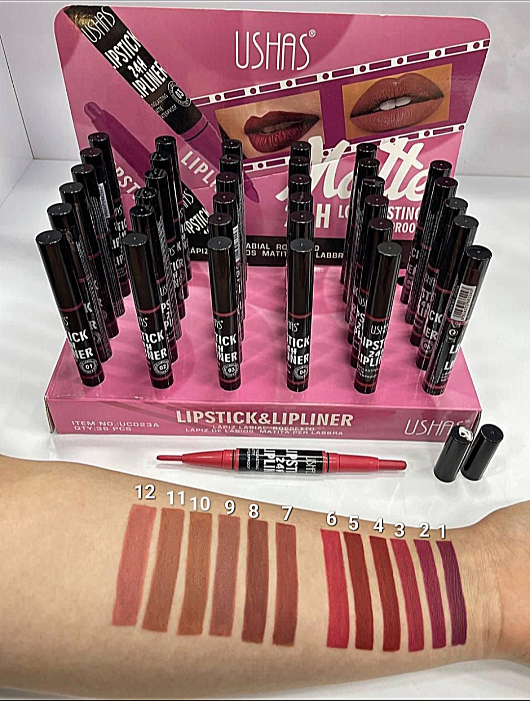 خط لب و رژ لب دو سر برند USHAS کد 023