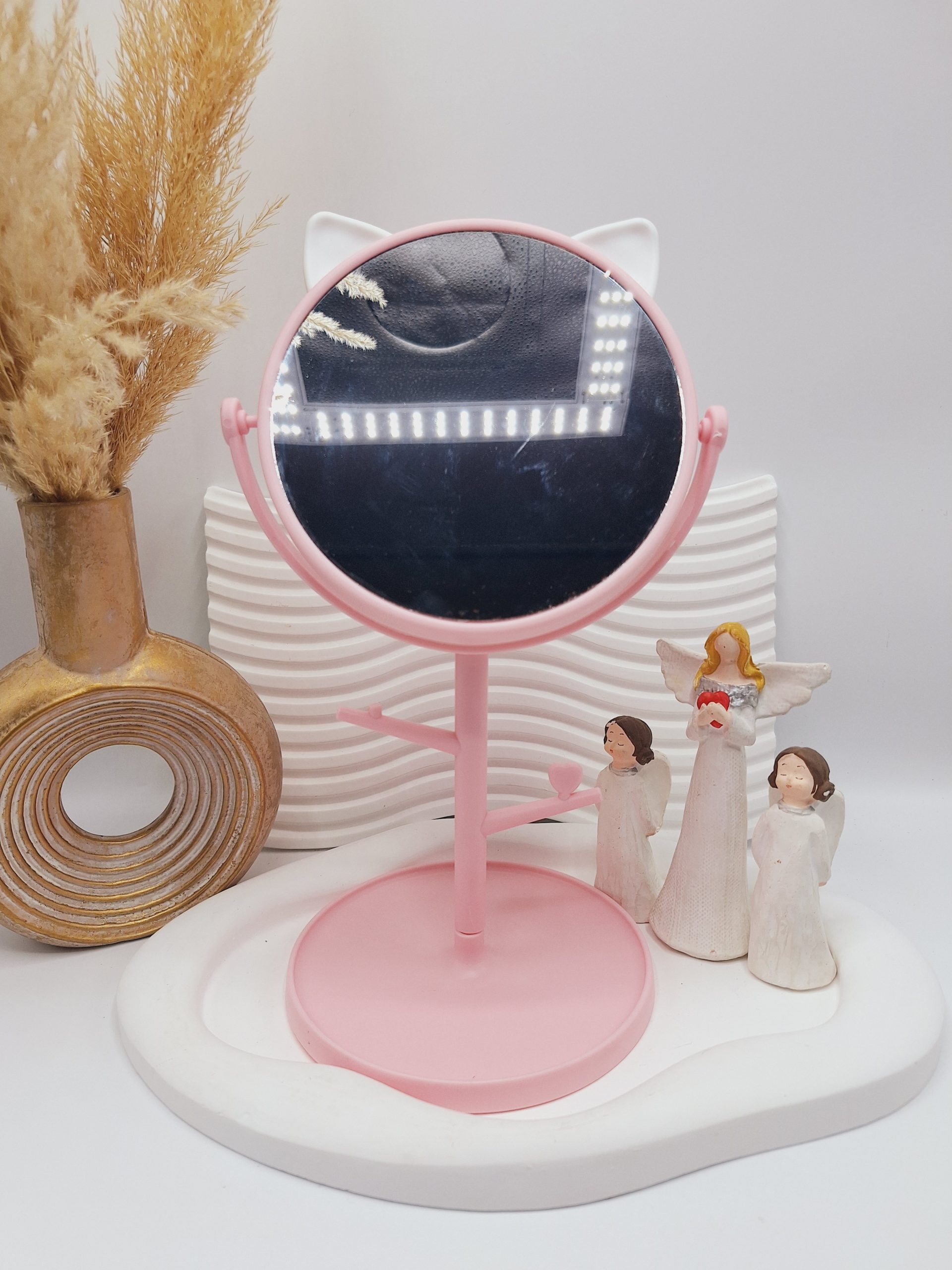 آینه گرد رومیزی مدل استندجواهرات طرح گربه رنگ صورتی