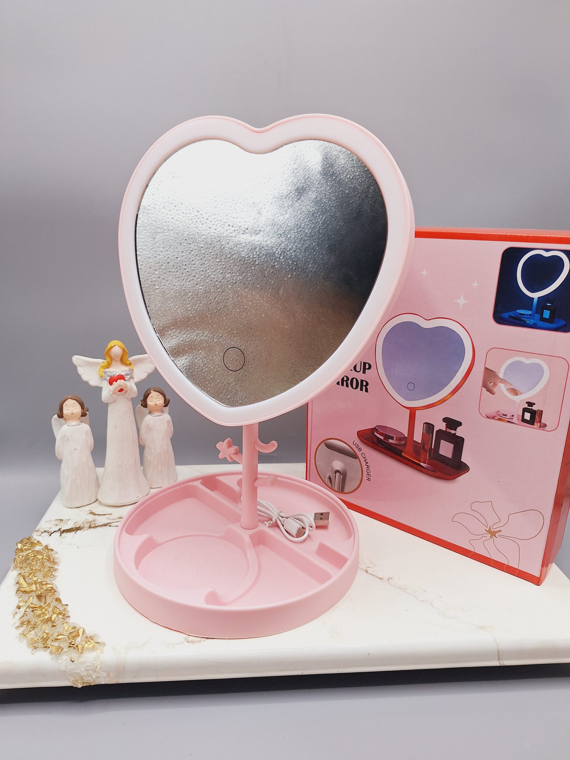 آینه رینگ لایت دار لمسی بسیار پرطرفدار مدل قلبی زیبا( رنگ صورتی )