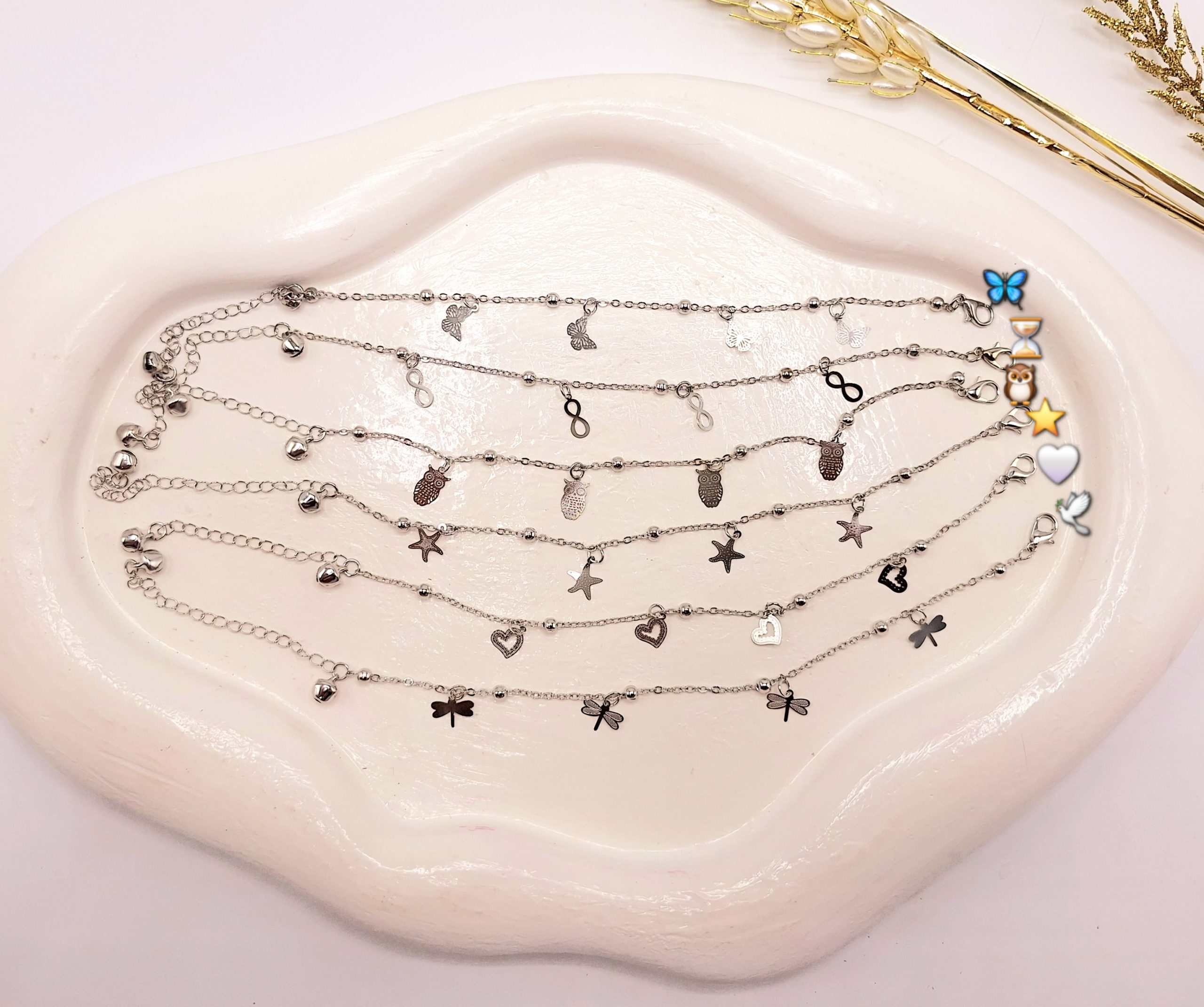 پابند نقره ای طرح جغد و پروانه زنگوله دار استیل