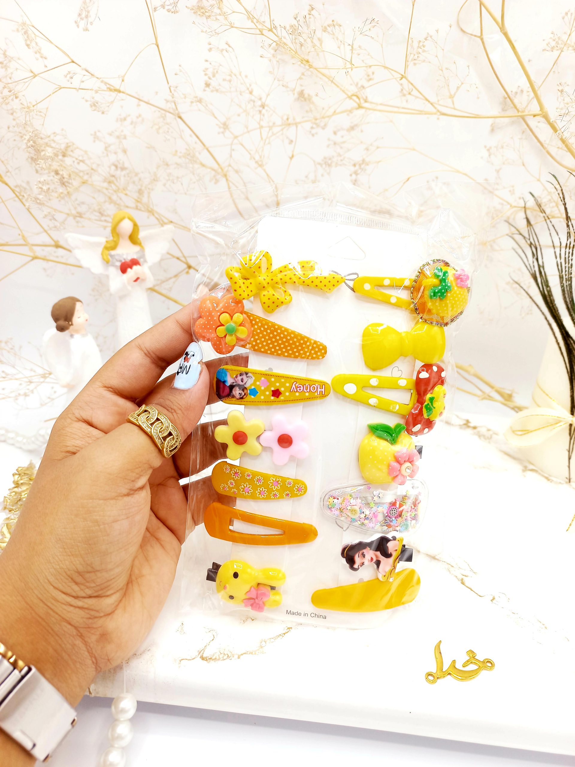 پک گیره و پنس مو دخترانه عروسکی زرد 14 عددی