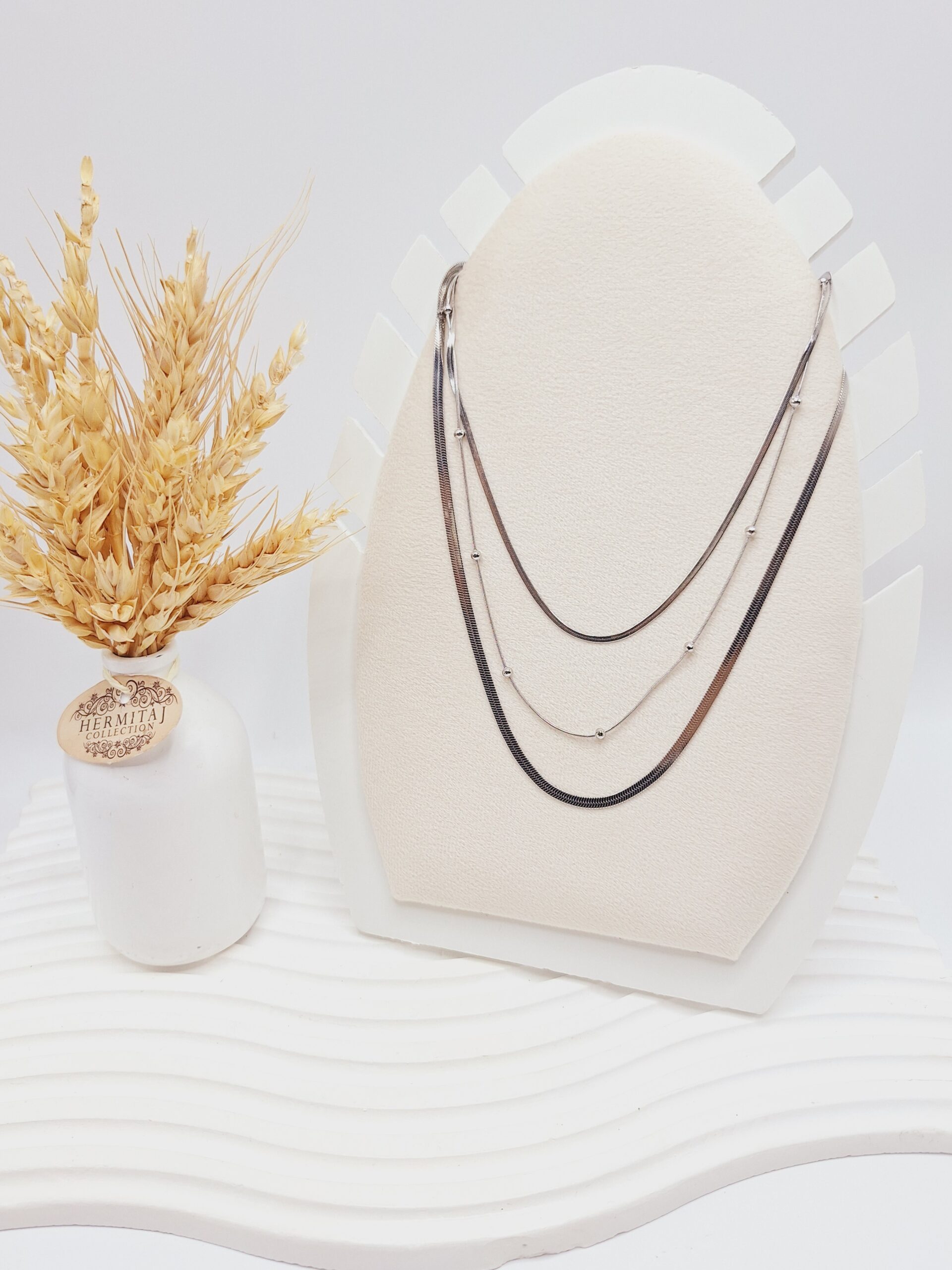 گردنبند دو لاین ماری و توپی نقره ای