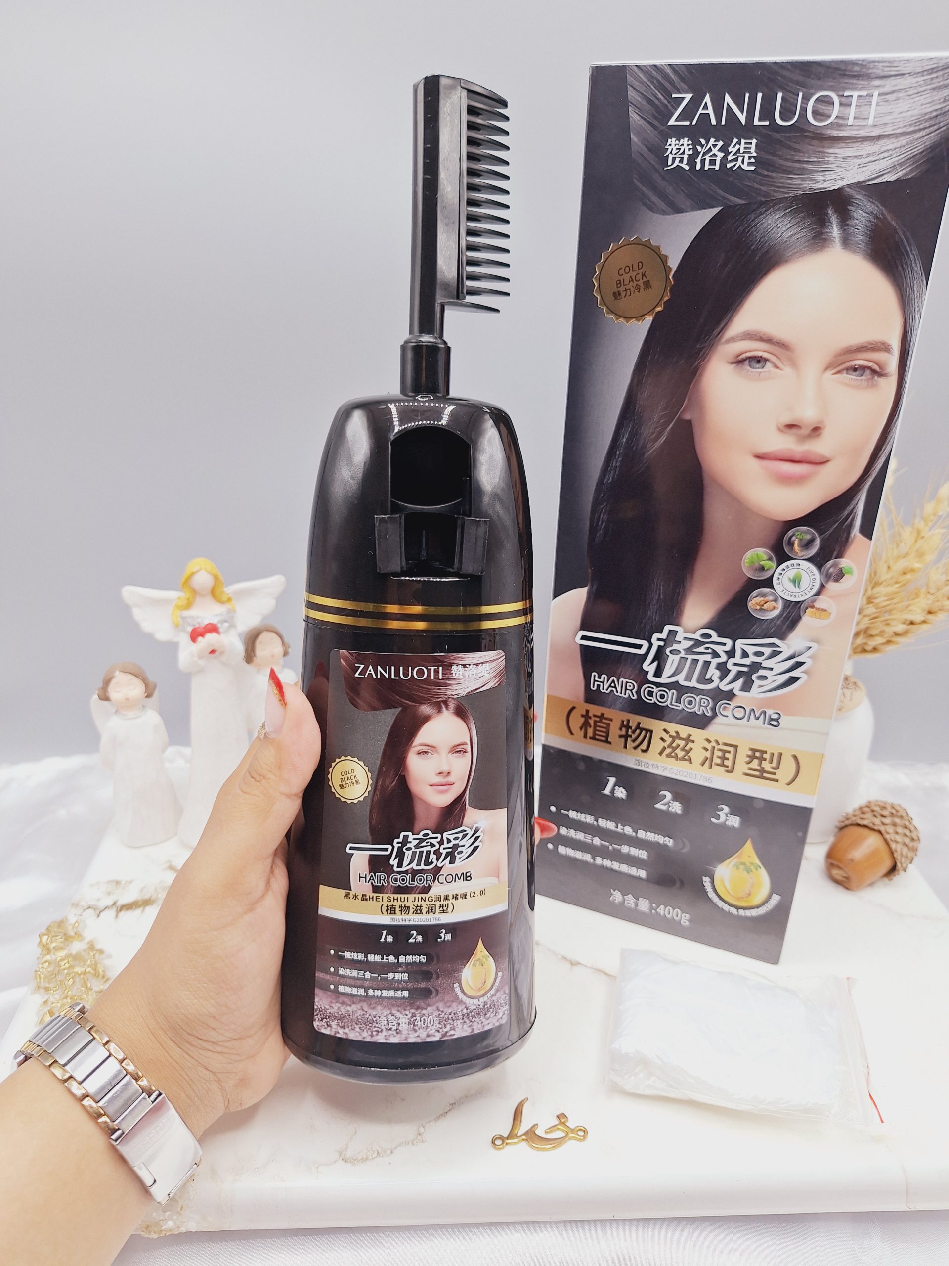 شانه رنگ مو (رنگ سیاه) حجم 400 گرم کاملا طبیعی و گیاهی برند ‏ZANLUOTI‏ برند 100251