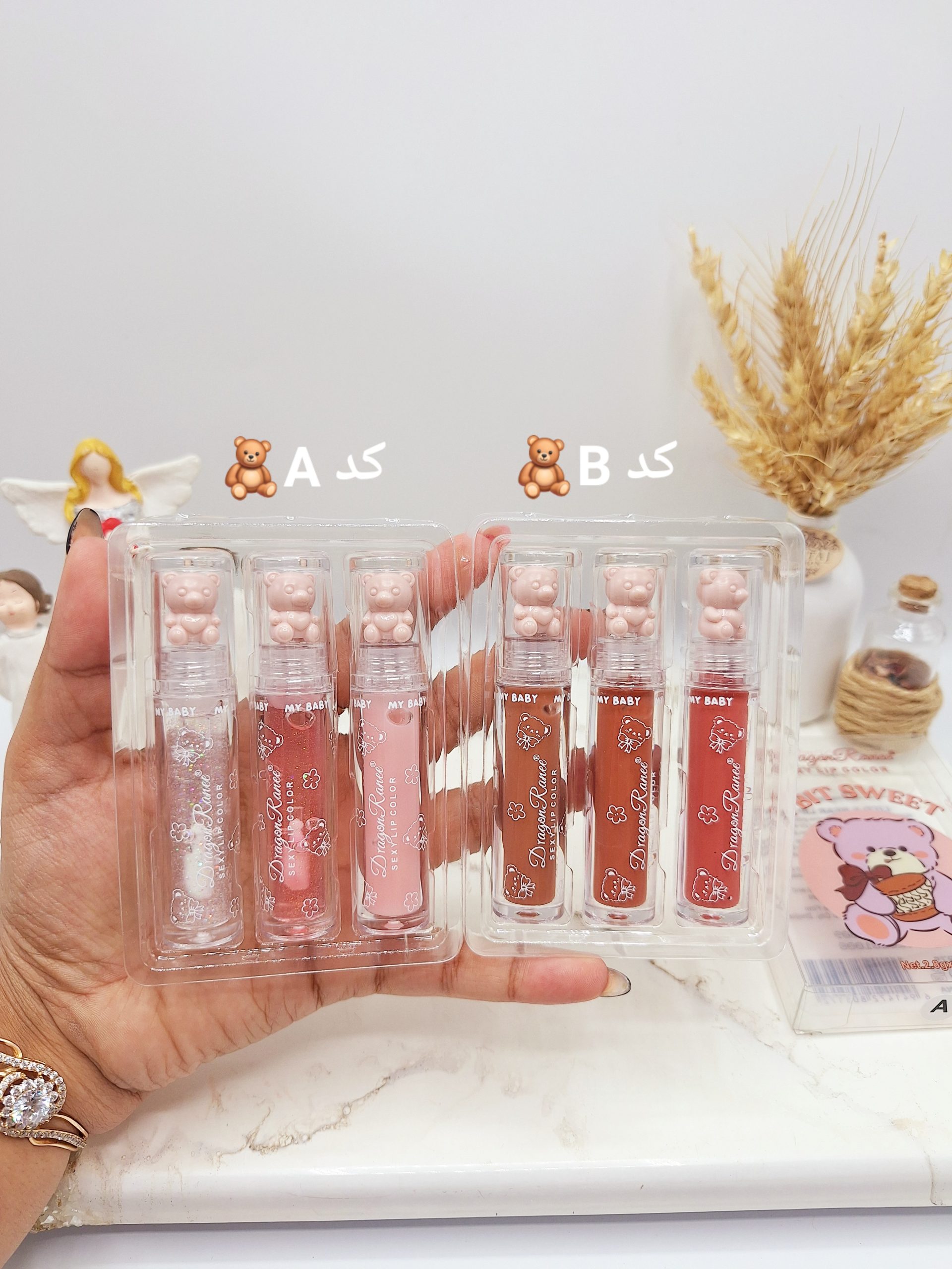 پک رژ لب و لیپ گلاس خرسی 3 تایی  برند دراگون رانی کد RD75
