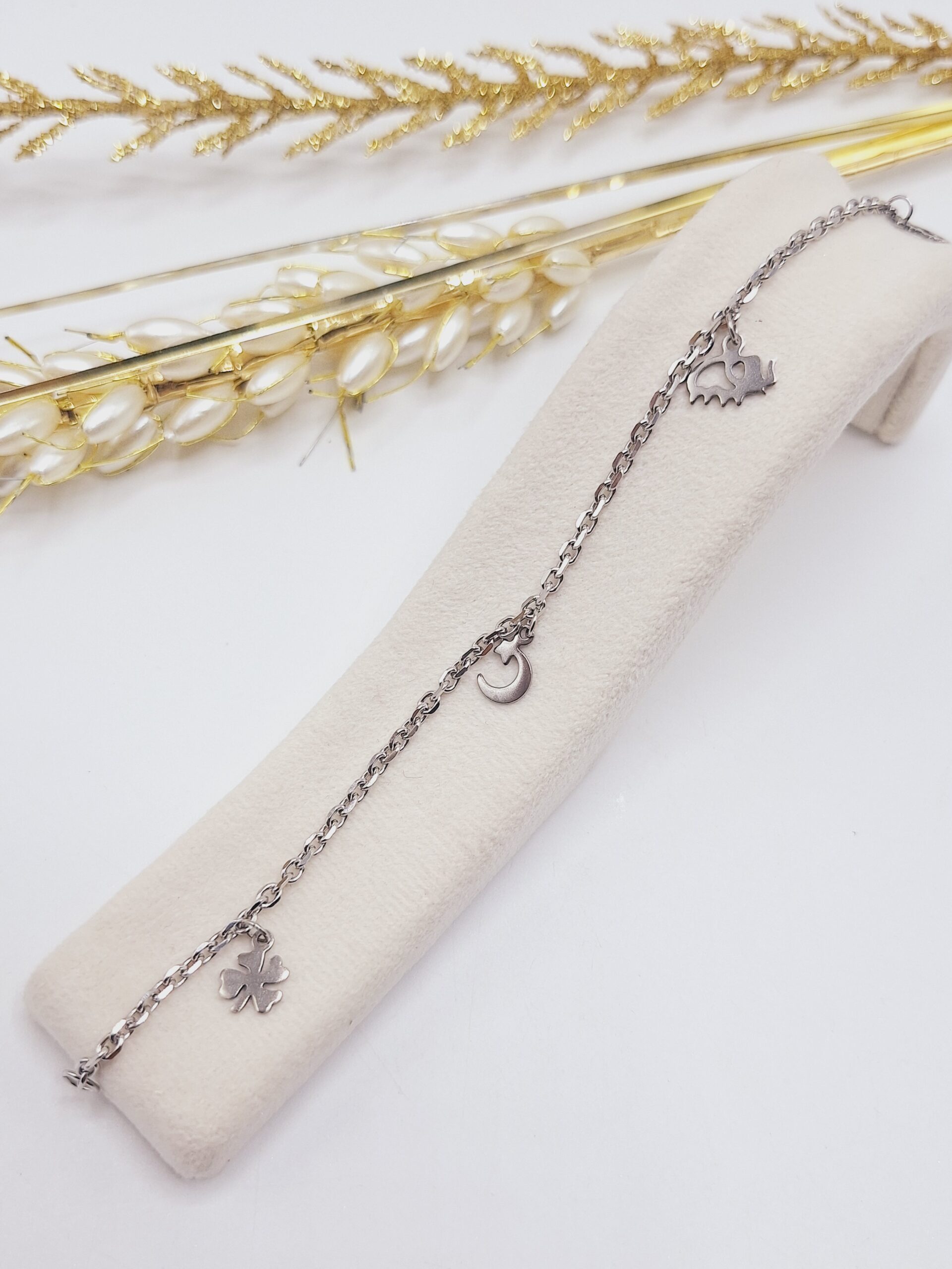 دستبند زنجیری طرح گلبرگ فیل ماه استیل