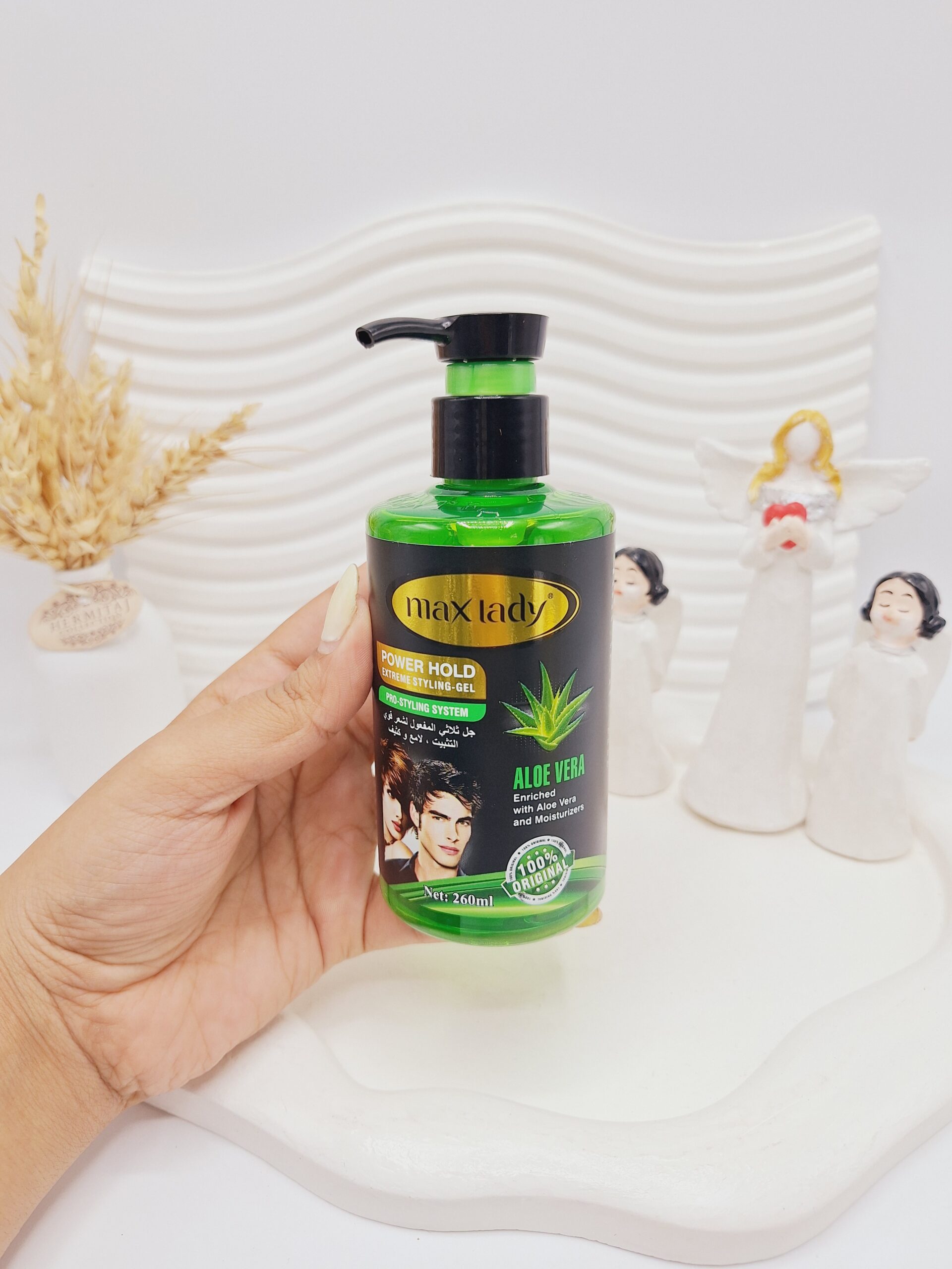 ژل مو حالت و براق کننده مو با عصاره آلوئه ورا برند max lady حجم 260 میل کد 1789