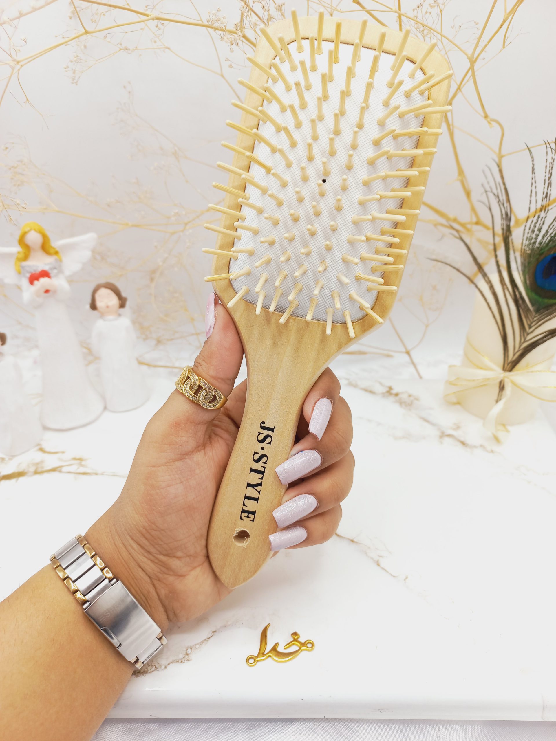 برس مو بامبو چوبی کف سفید و مستطیلی و دندانه چوبی JA.STYLE