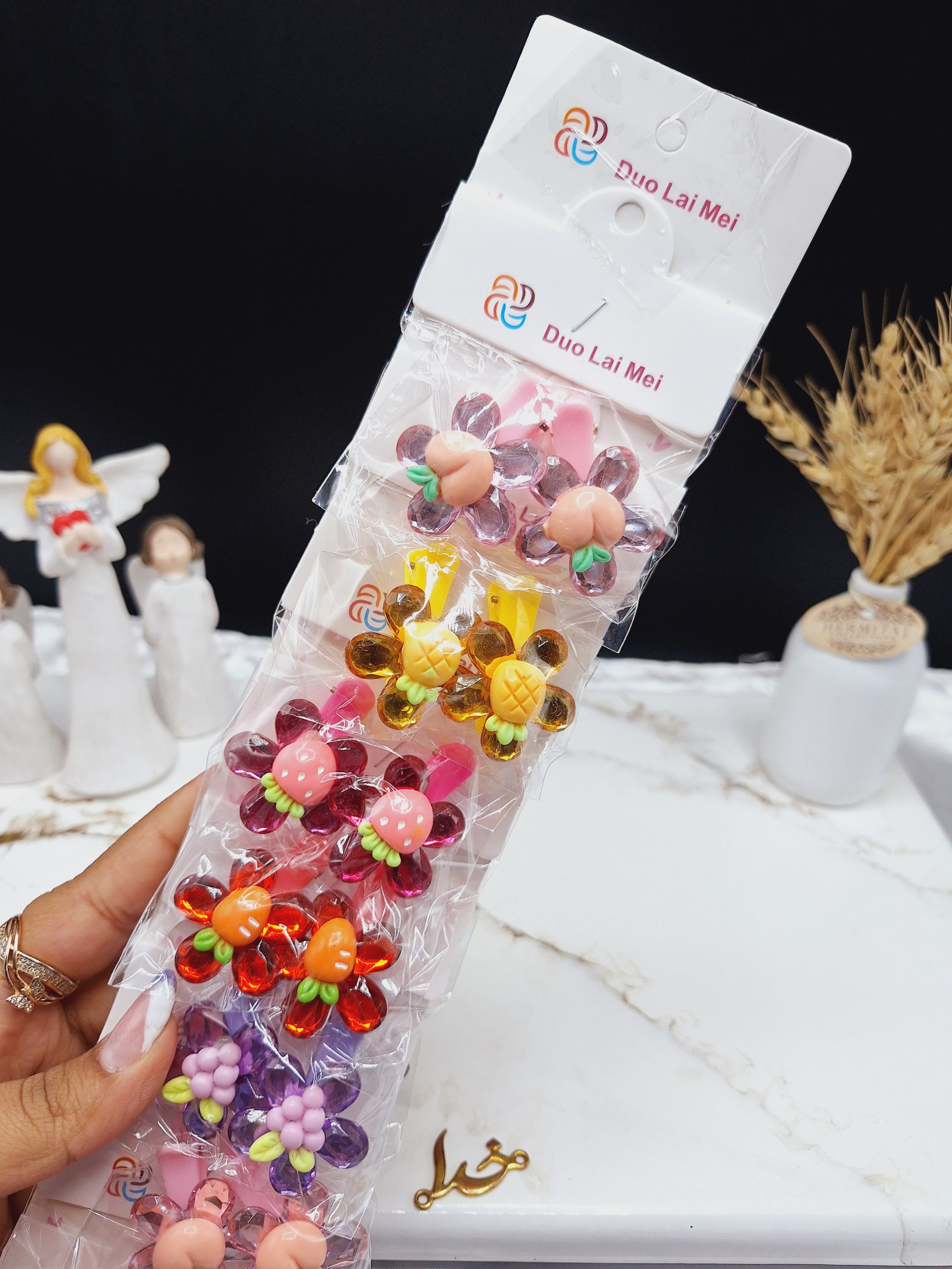 پک 10 عددی پنس مو طرح گل میوه ای طرح دوم