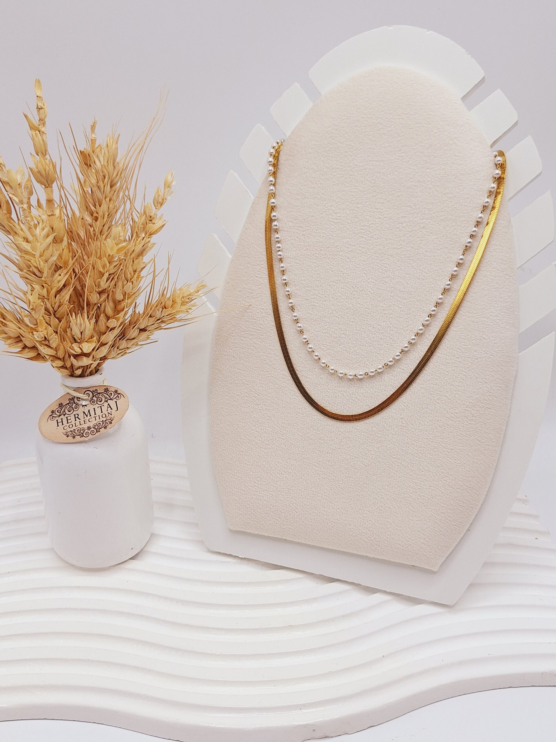 گردنبند دو لاین ماری و مرواریدی طلایی