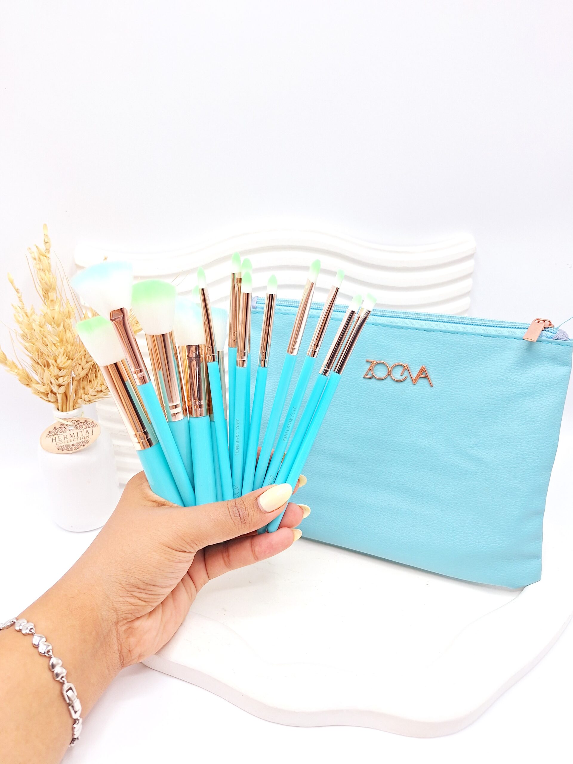 ست براش صورتی اصل 15 عددی لاکچری زووا با کیف چرمی (رنگ آبی روشن)