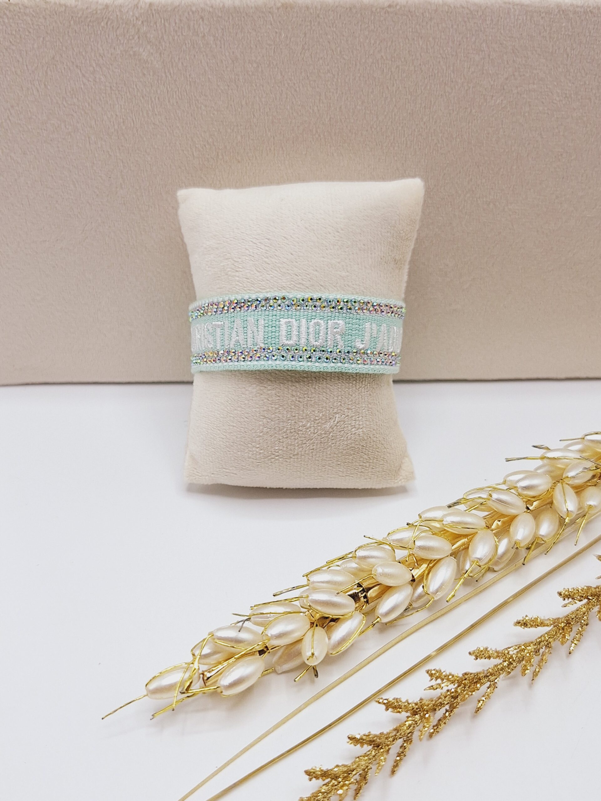 دستبند پارچه ای نگین دار CHRISTIAN DIOR (رنگ سبز آبی)