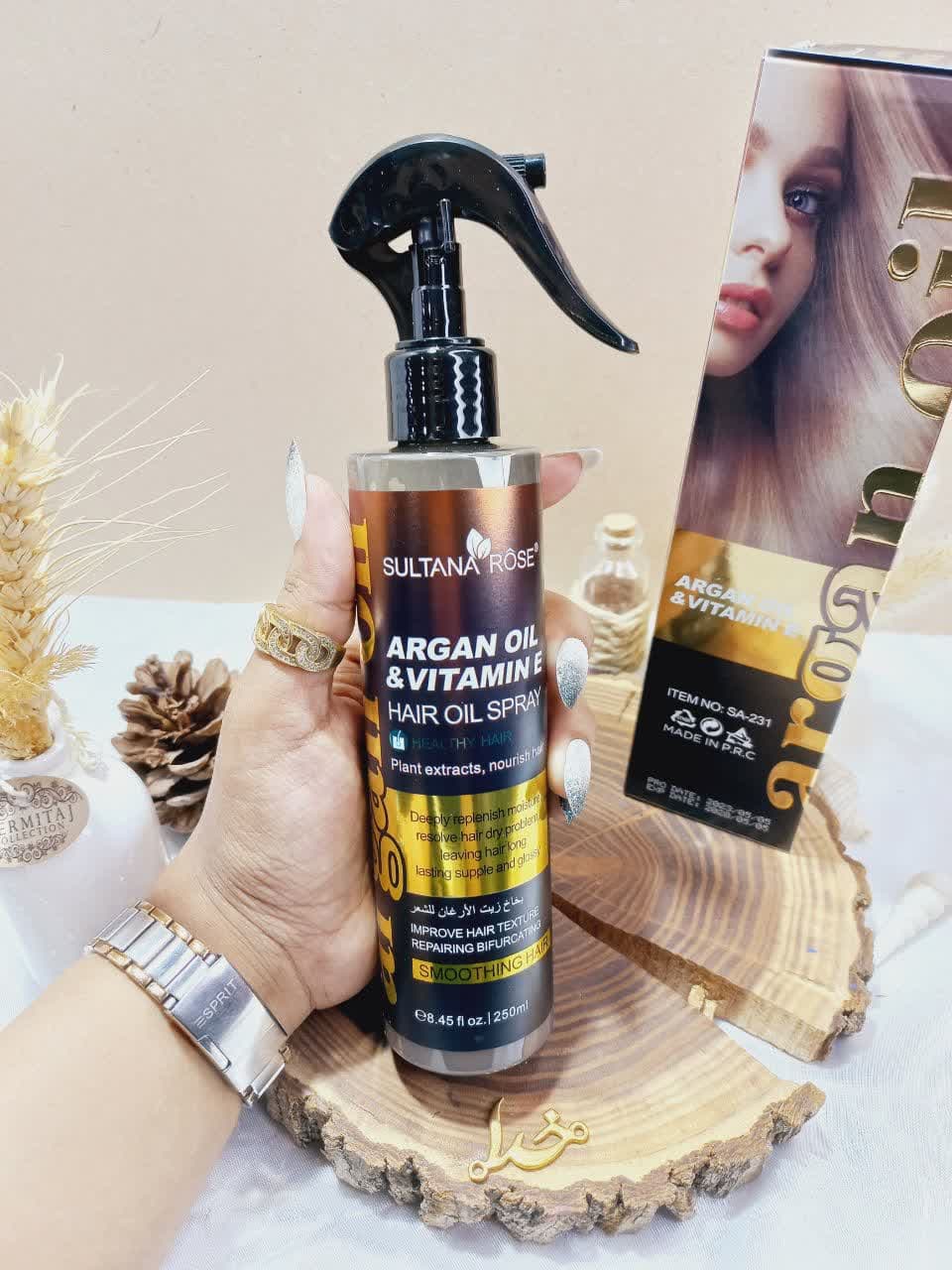 اسپری دو فاز مدل روغن آرگان و ویتامین ای  VITAMIN E / Argan oil حجم 250 میل برند سلطان رز SULTANA ROSE اصلی کد SA231