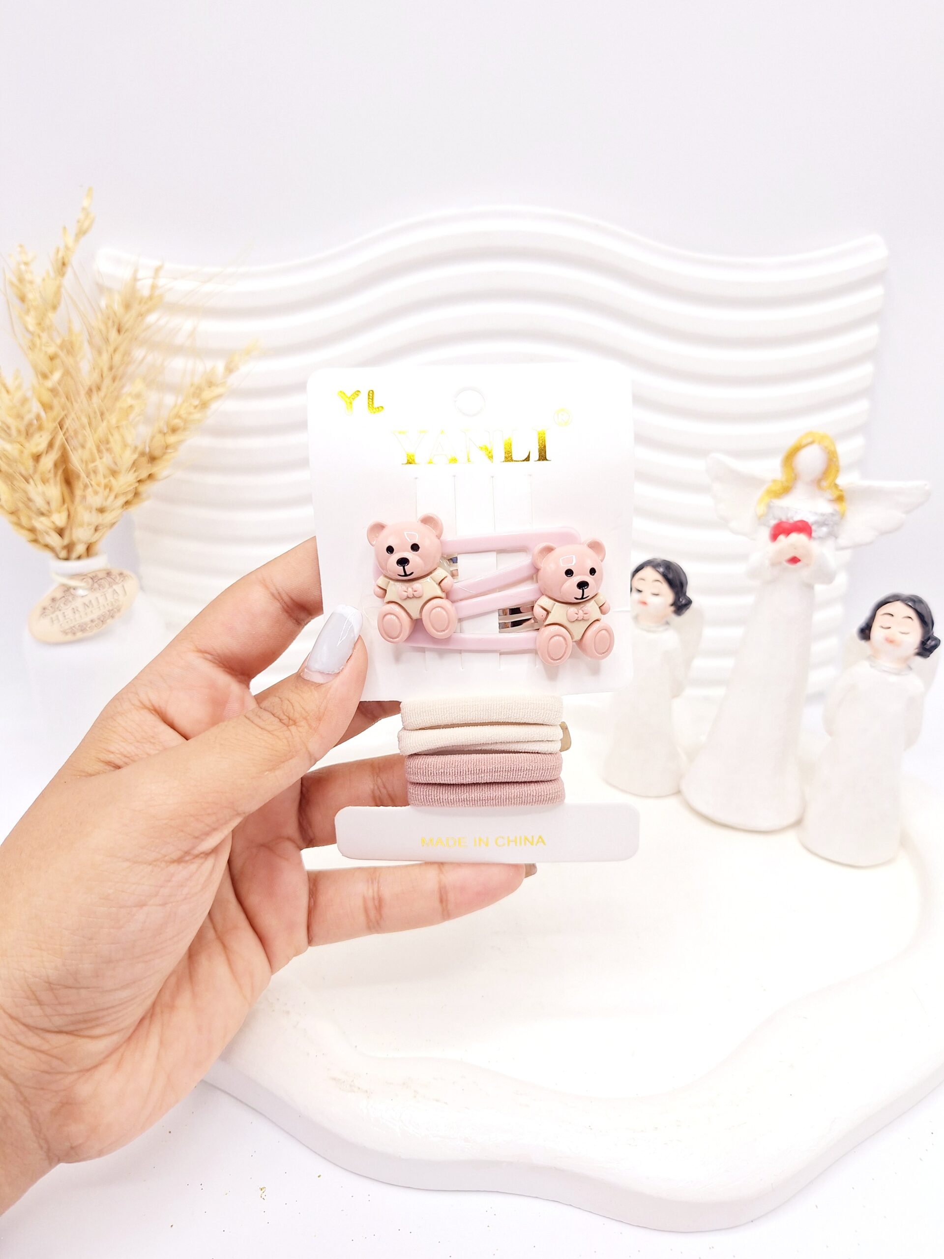 ست کش و پنس مو خرسی صورتی و نود