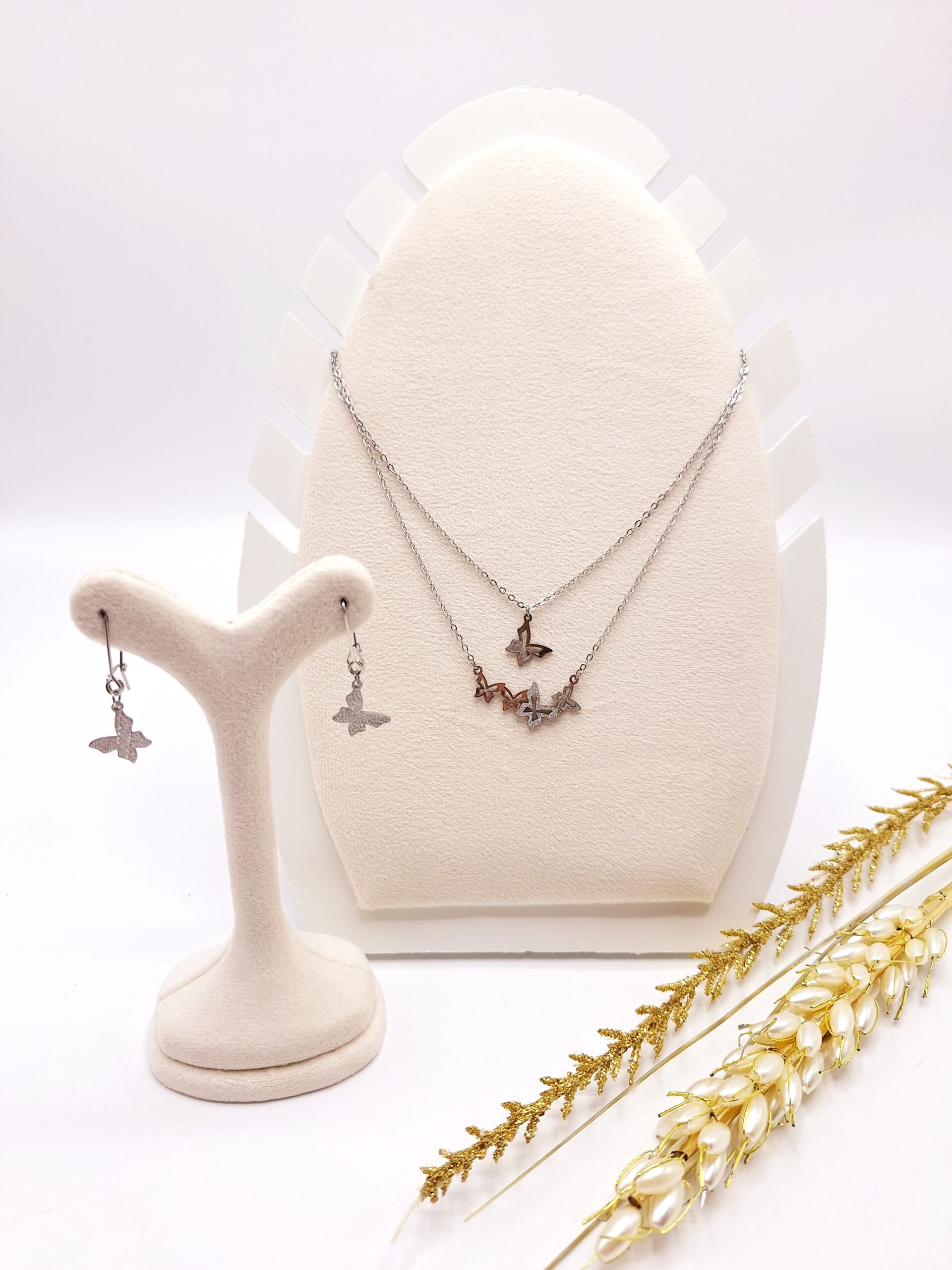 نیم ست دو لاین طرح پروانه شنی نقره ای استیل